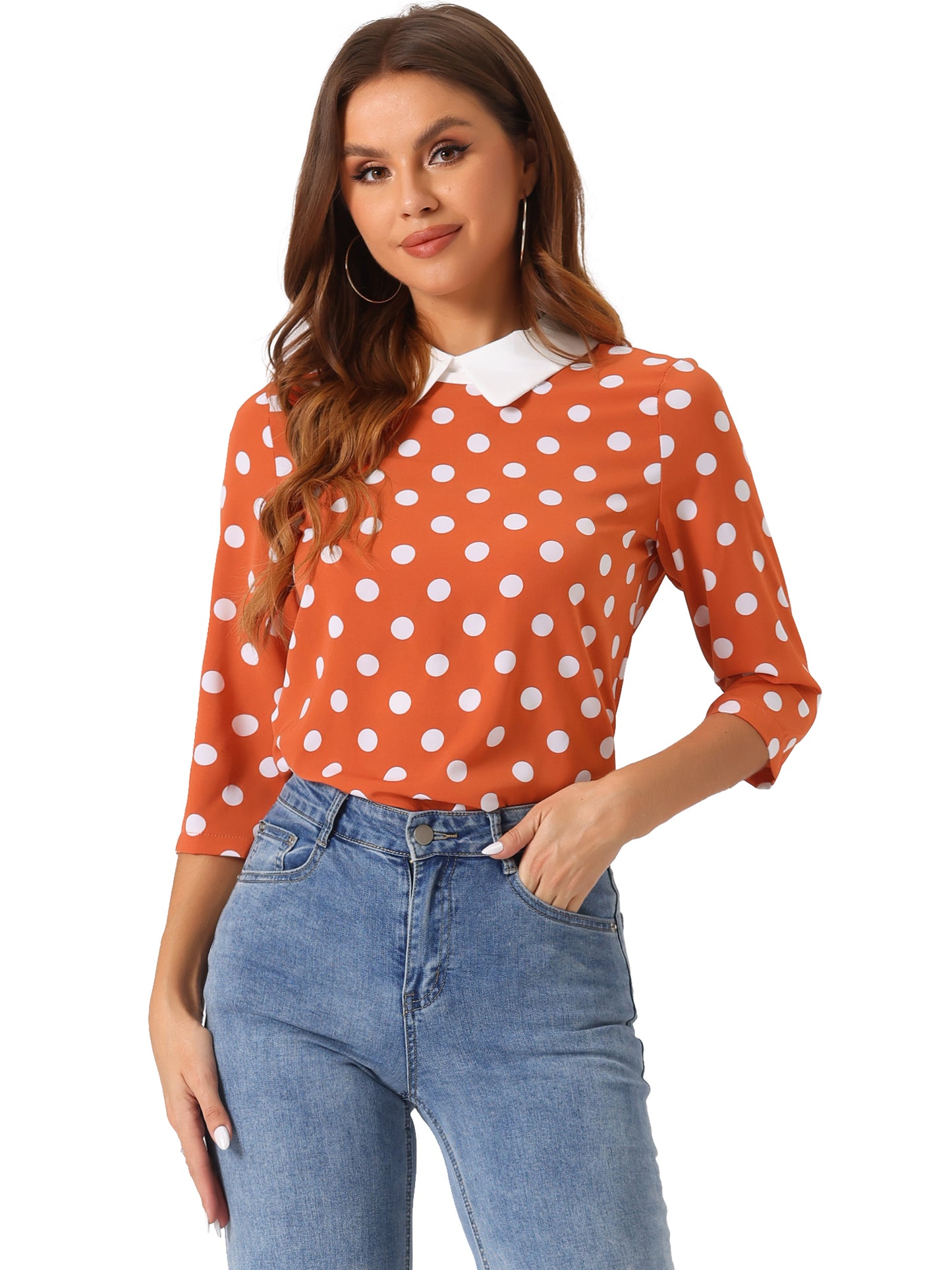 Women's Polka Dots Contrast Peter Pan Collar Top 3/4 Sleeves Blouse Shirt