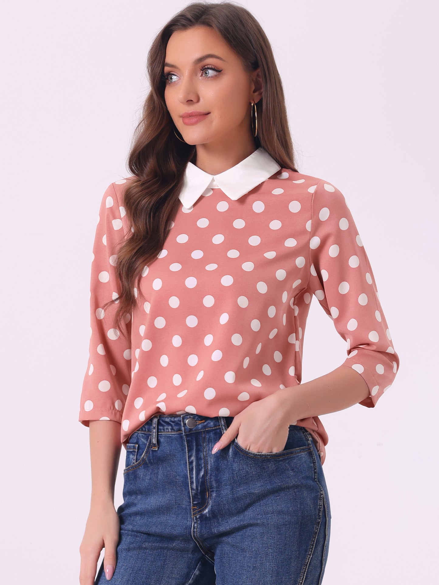 Women's Polka Dots Contrast Peter Pan Collar Top 3/4 Sleeves Blouse Shirt