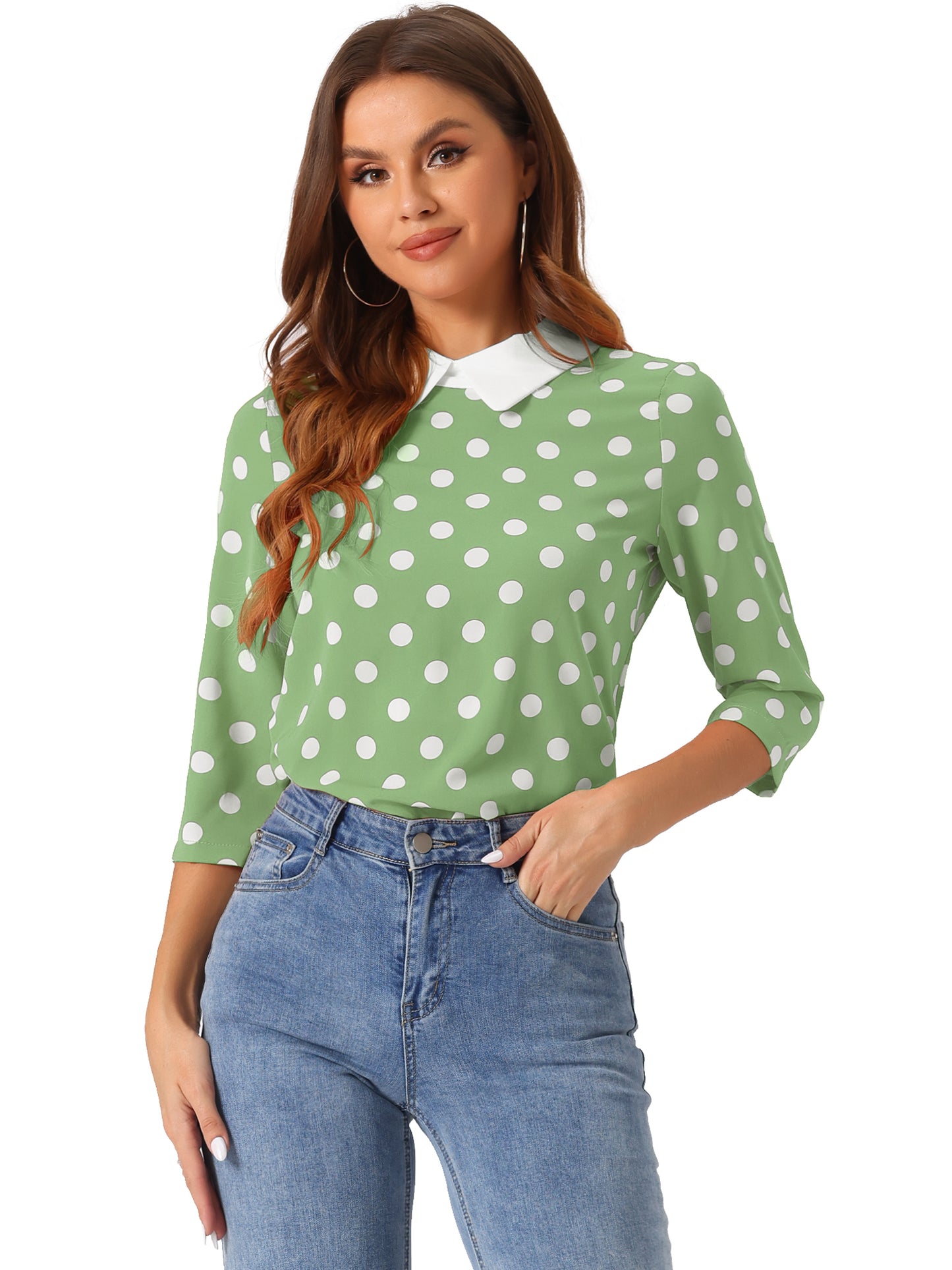 Women's Polka Dots Contrast Peter Pan Collar Top 3/4 Sleeves Blouse Shirt