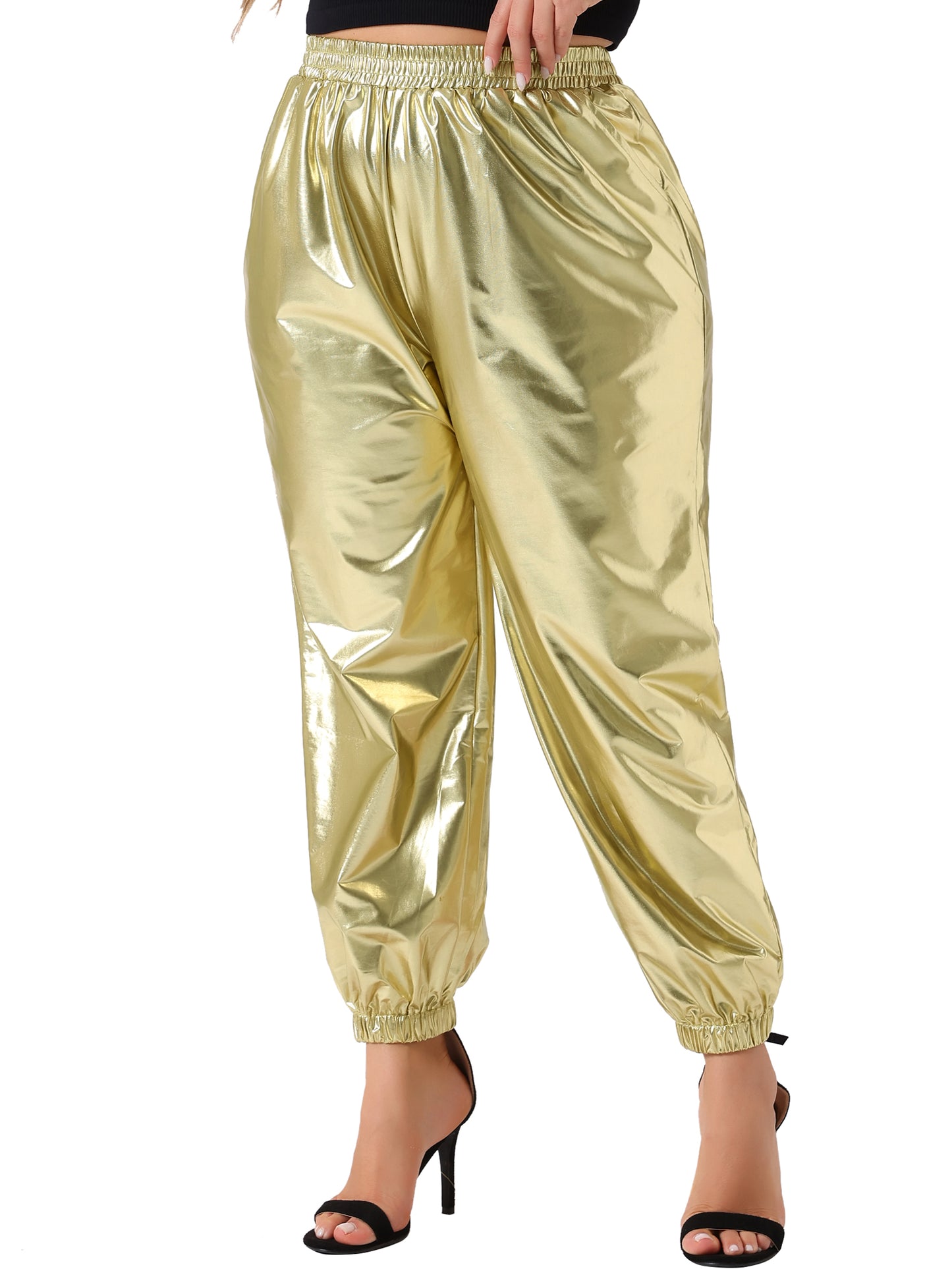 Women Plus Size Jogger Pants Metallic Shiny High Waist Stretchy Wear Holographic Trousers Sweatpant