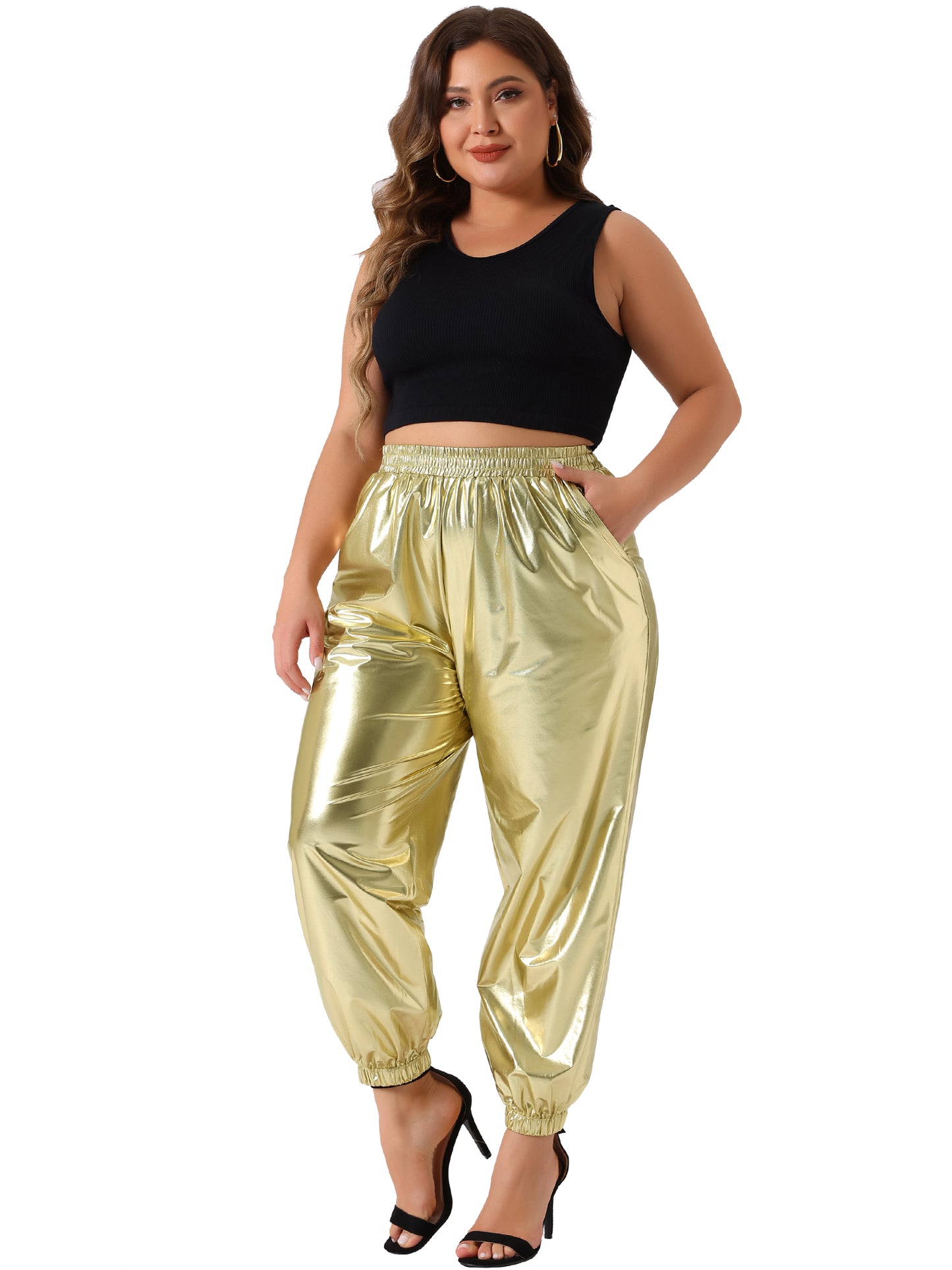Women Plus Size Jogger Pants Metallic Shiny High Waist Stretchy Wear Holographic Trousers Sweatpant