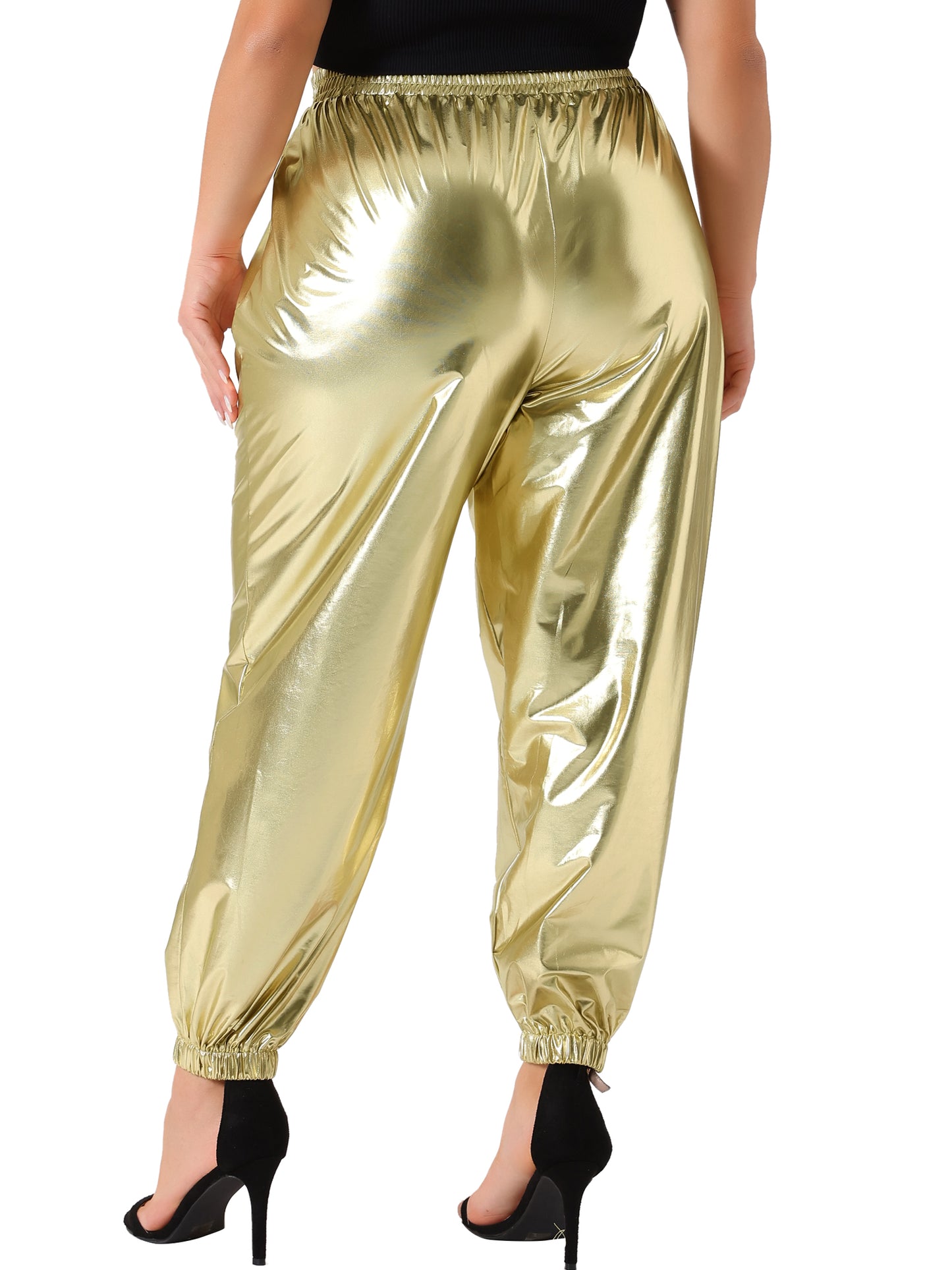 Women Plus Size Jogger Pants Metallic Shiny High Waist Stretchy Wear Holographic Trousers Sweatpant