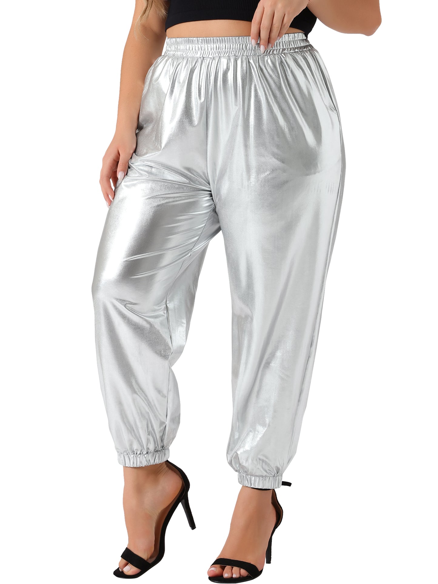 Women Plus Size Jogger Pants Metallic Shiny High Waist Stretchy Wear Holographic Trousers Sweatpant
