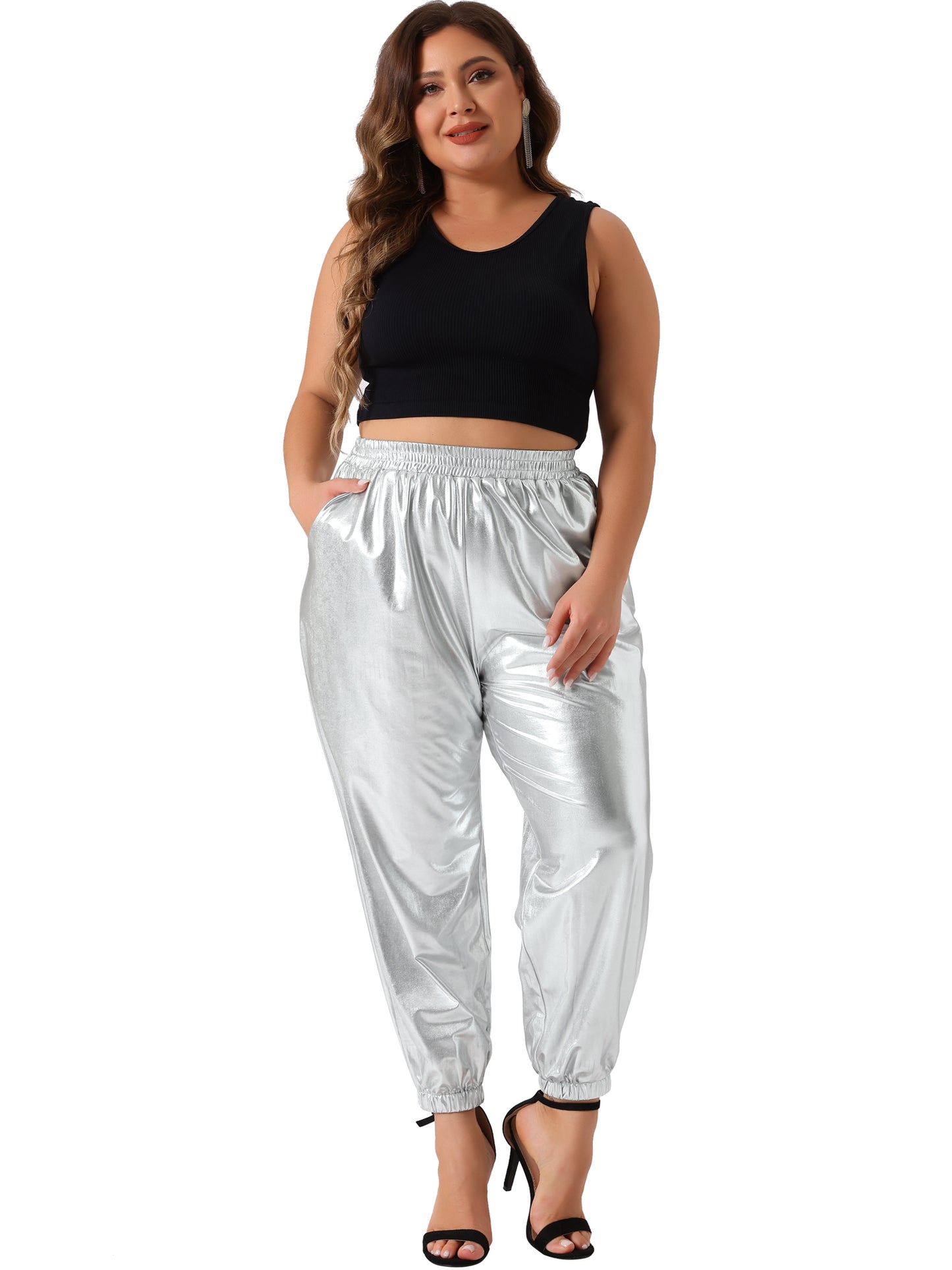 Women Plus Size Jogger Pants Metallic Shiny High Waist Stretchy Wear Holographic Trousers Sweatpant