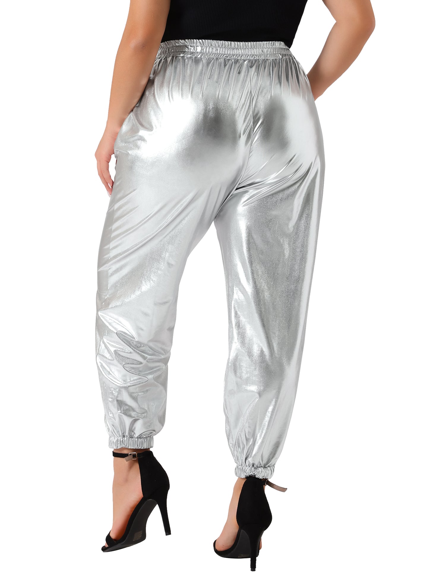 Women Plus Size Jogger Pants Metallic Shiny High Waist Stretchy Wear Holographic Trousers Sweatpant