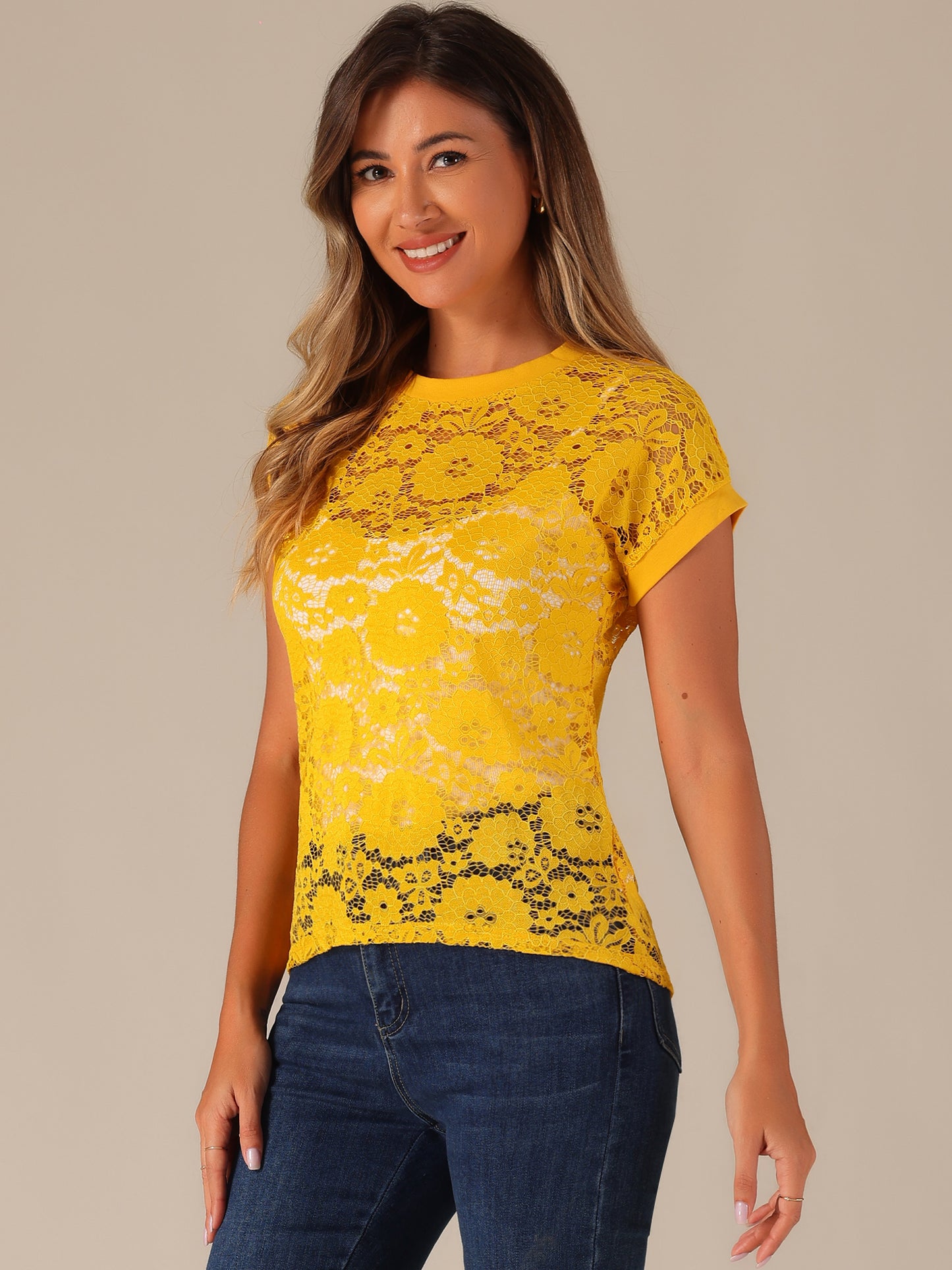 Women's Lace Floral Crew Neck Batwing Short Sleeves See-Through Top
