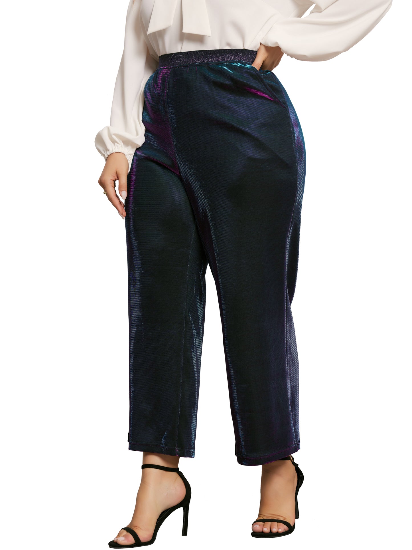 Women Plus Size Shiny Metallic Sparkly Elastic Waist Wide Leg Palazzo Pants