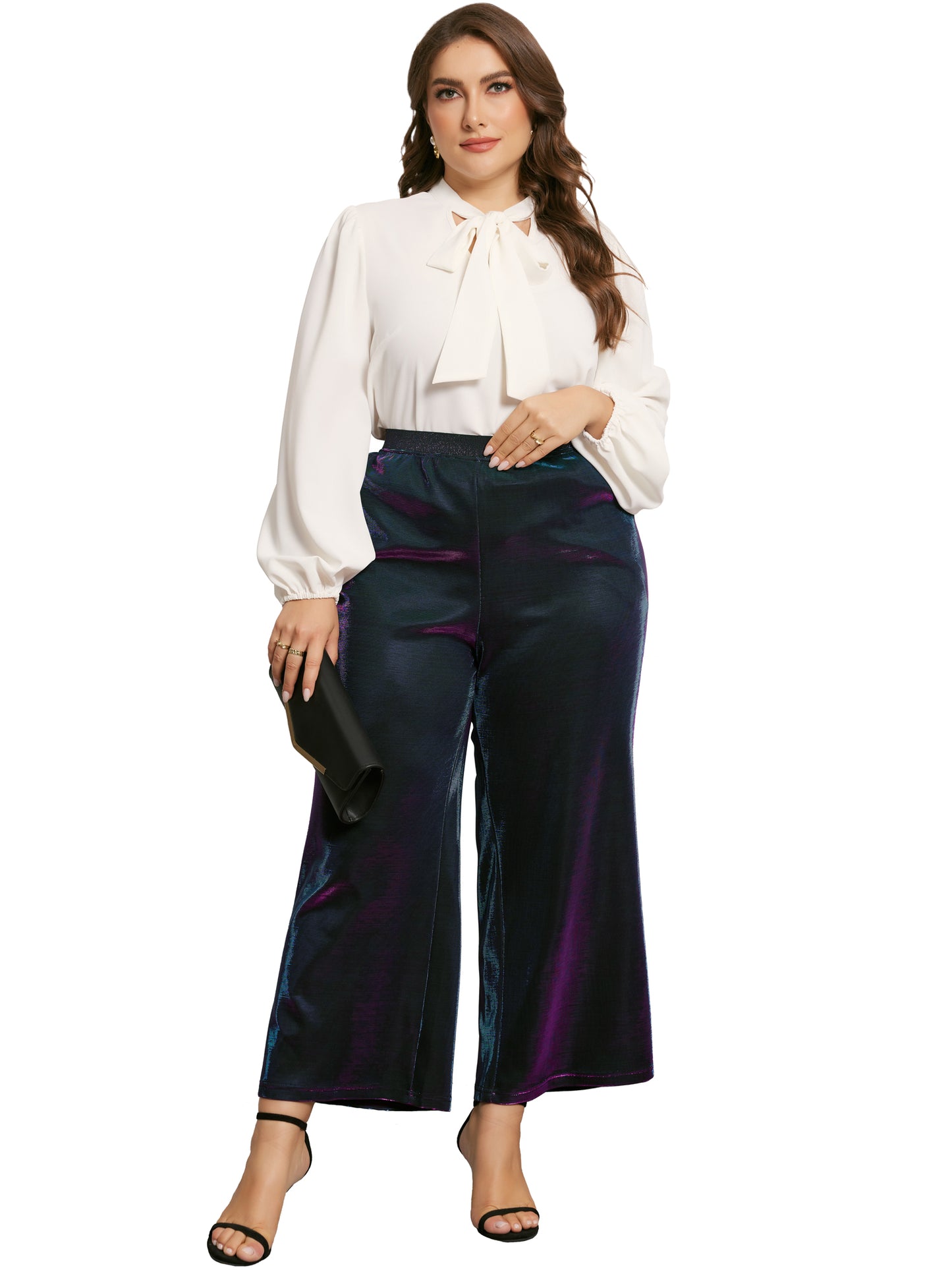 Women Plus Size Shiny Metallic Sparkly Elastic Waist Wide Leg Palazzo Pants