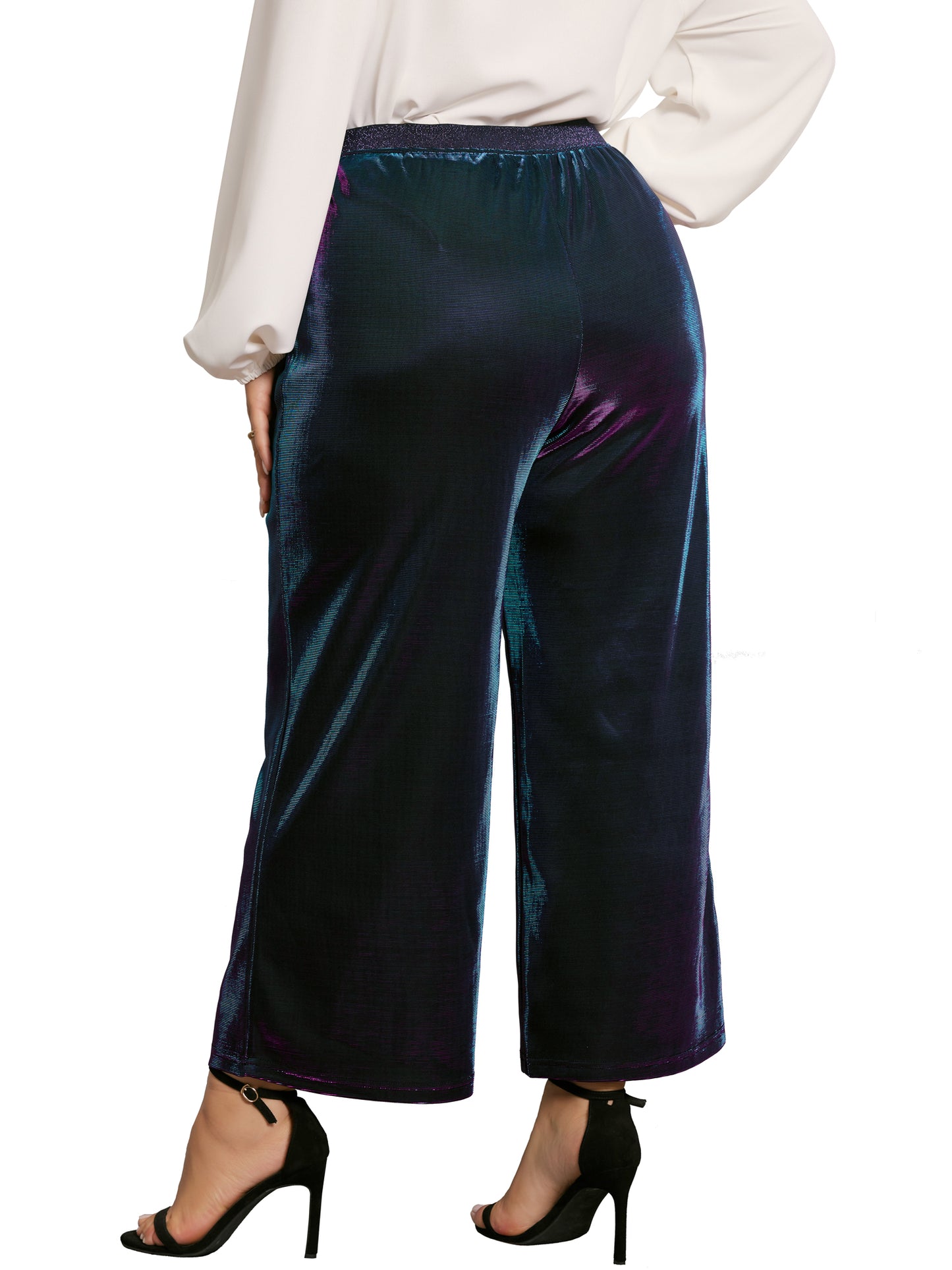 Women Plus Size Shiny Metallic Sparkly Elastic Waist Wide Leg Palazzo Pants
