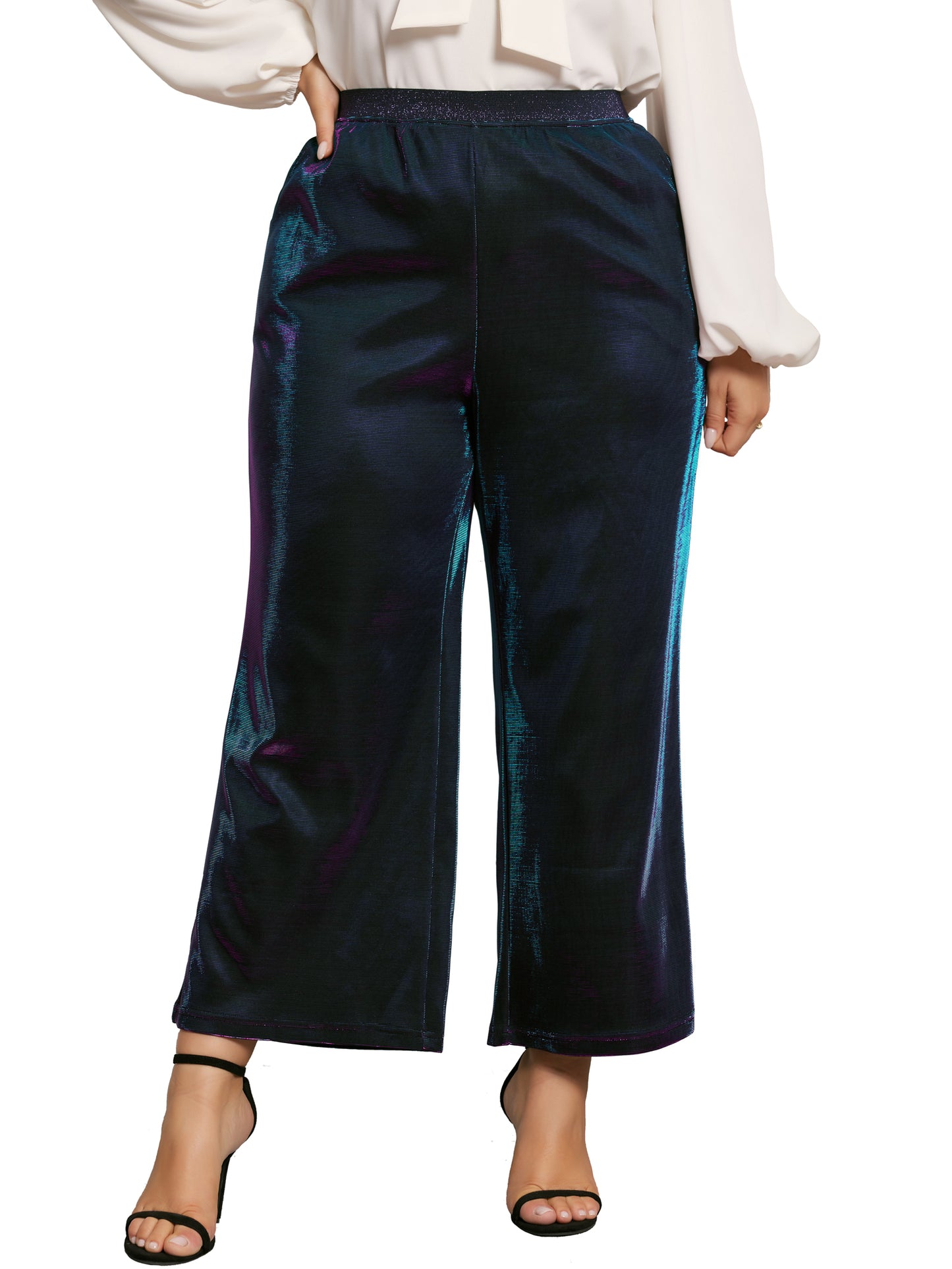 Women Plus Size Shiny Metallic Sparkly Elastic Waist Wide Leg Palazzo Pants