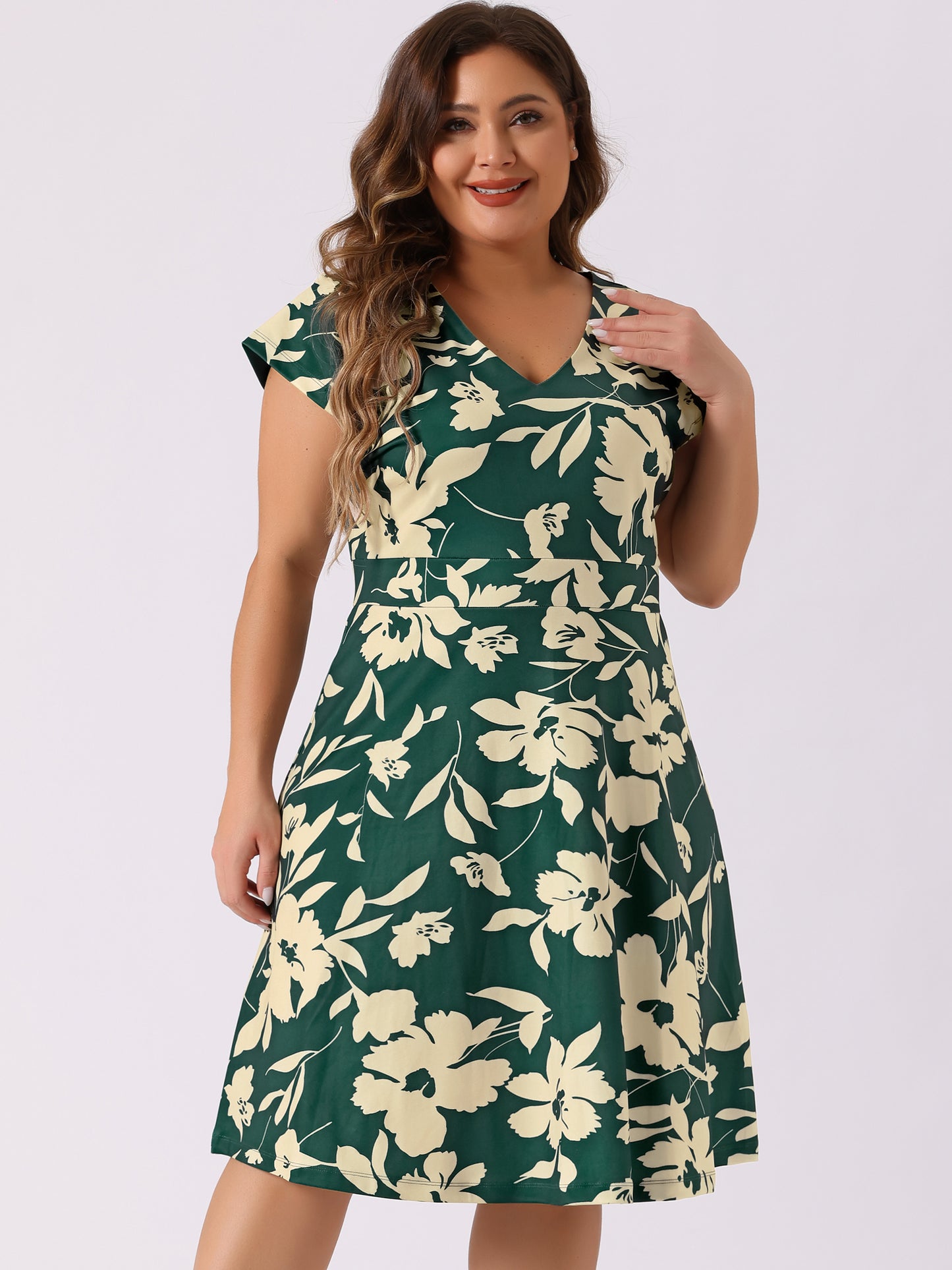 Women's Plus Size Dresses Deep V Neck Above Knee Cap Sleeve Floral Dress