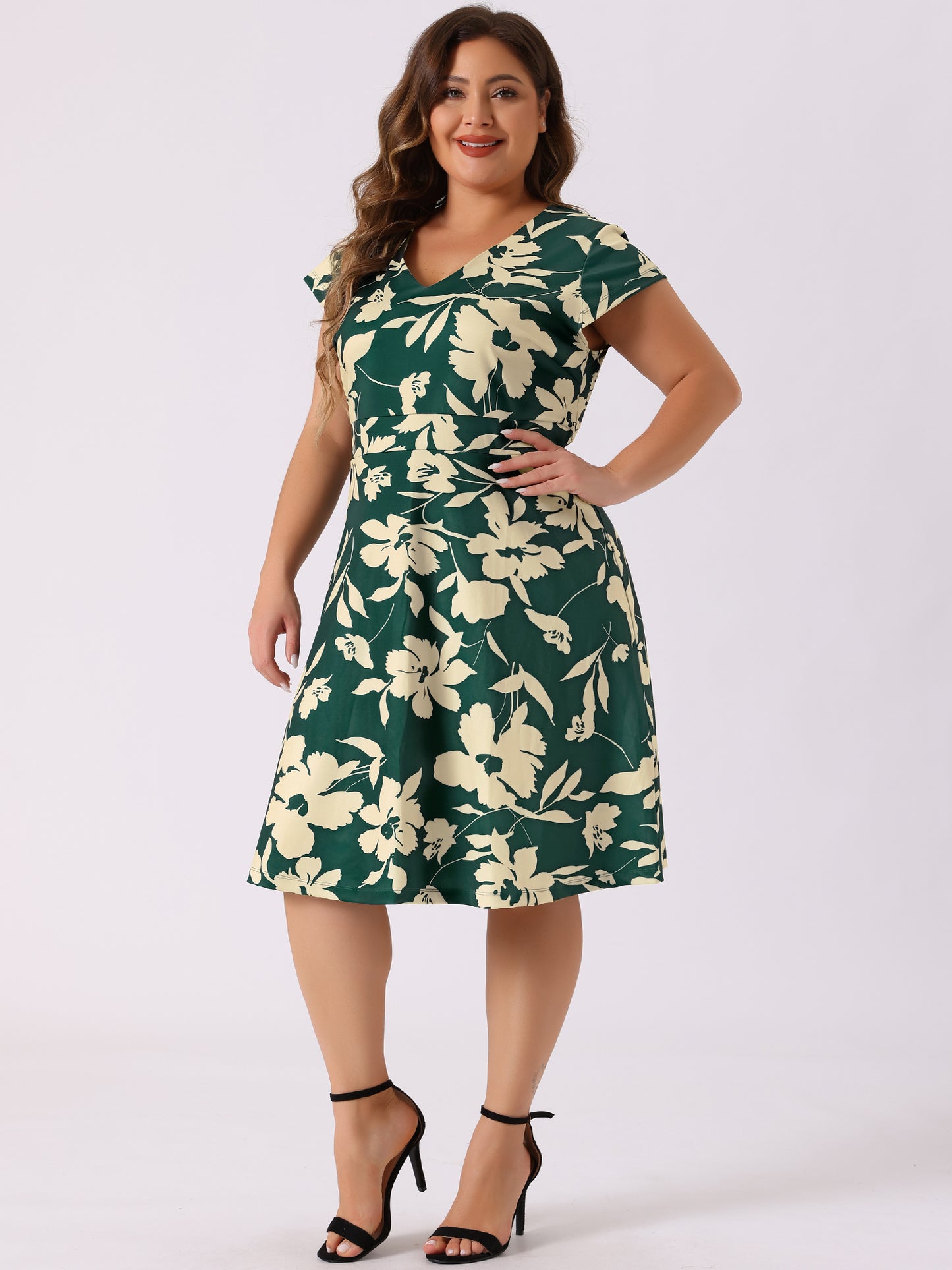 Women's Plus Size Dresses Deep V Neck Above Knee Cap Sleeve Floral Dress