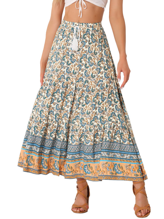 Women's Boho Skirt Summer Floral Bohemian Tassels Elastic Waist Maxi Skirt