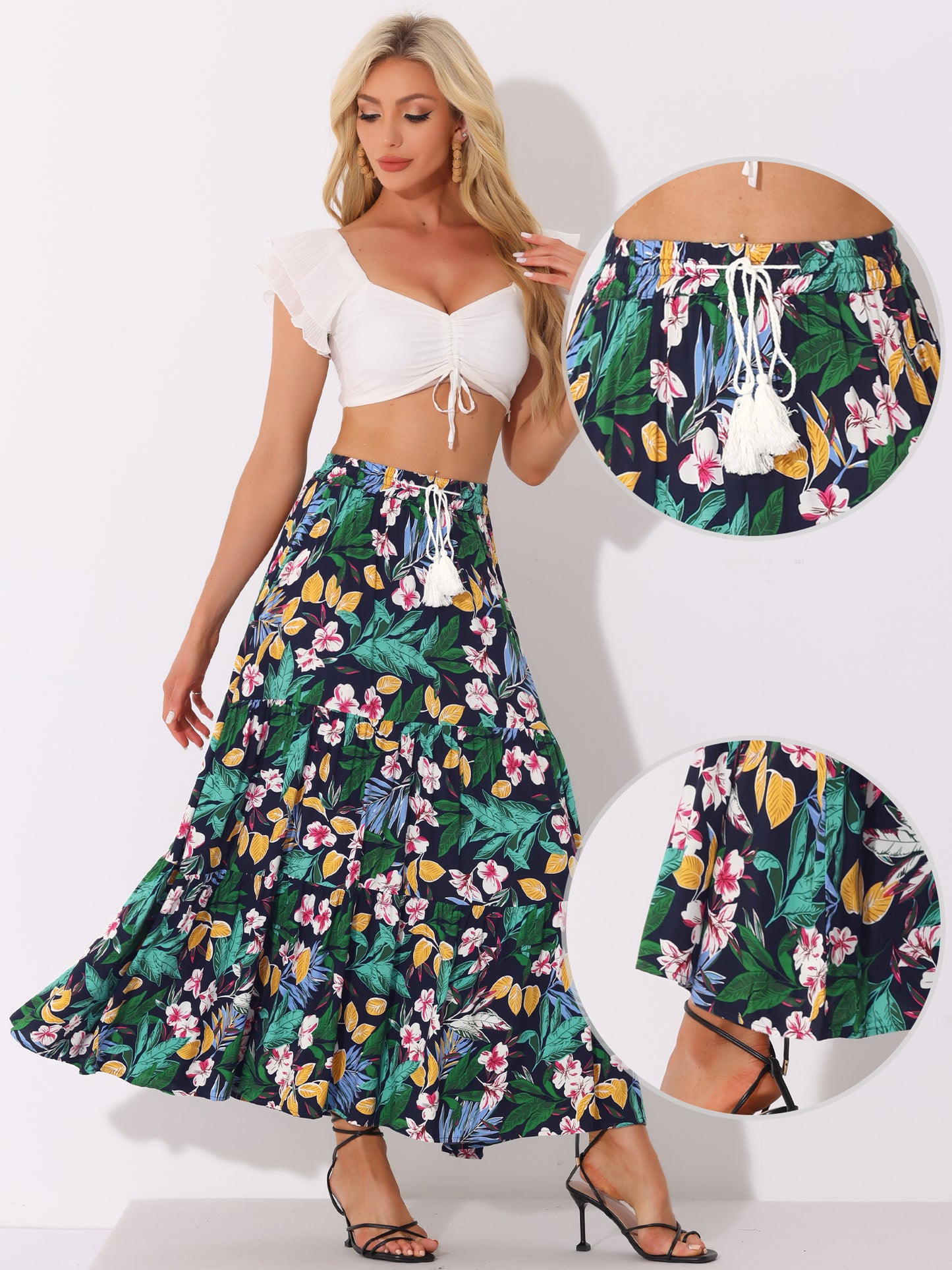 Women's Boho Skirt Summer Floral Bohemian Tassels Elastic Waist Maxi Skirt