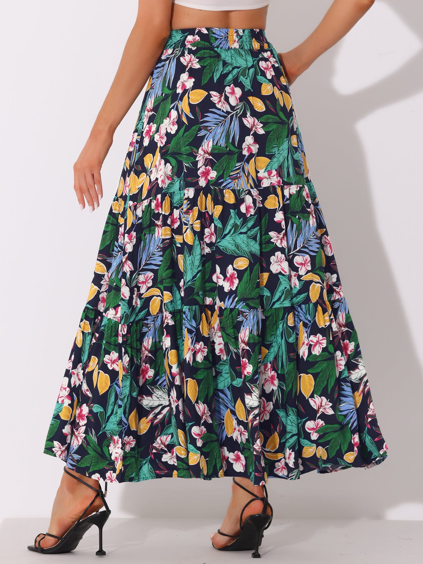 Women's Boho Skirt Summer Floral Bohemian Tassels Elastic Waist Maxi Skirt