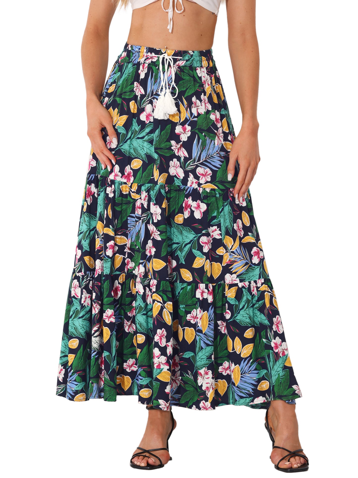 Women's Boho Skirt Summer Floral Bohemian Tassels Elastic Waist Maxi Skirt
