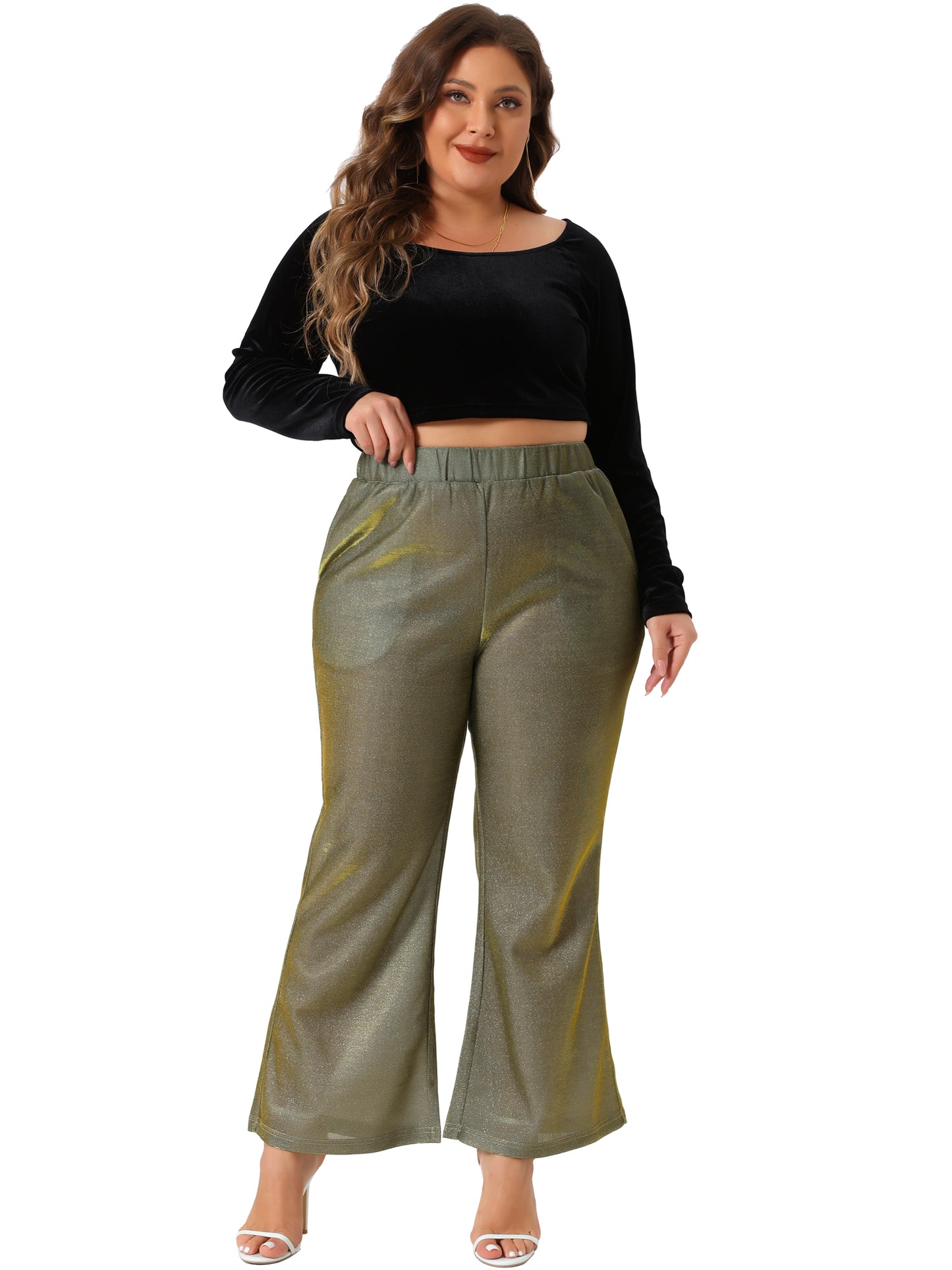 Women Plus Size Metallic Sparkly Pants High Waist Wide Leg Pants Palazzo Trousers Clubwear