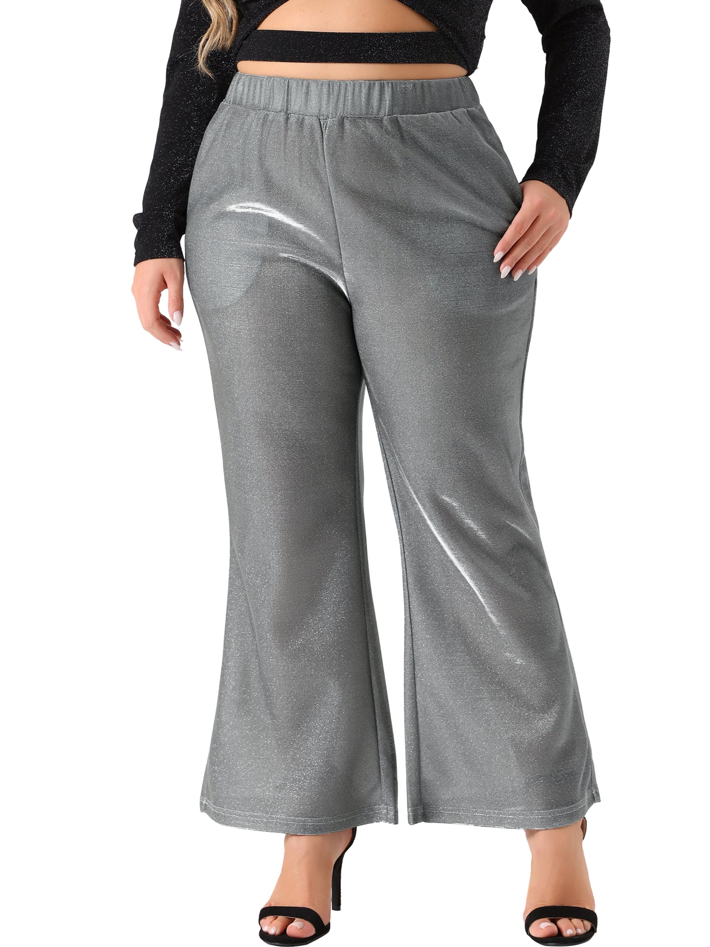 Women Plus Size Metallic Sparkly Pants High Waist Wide Leg Pants Palazzo Trousers Clubwear