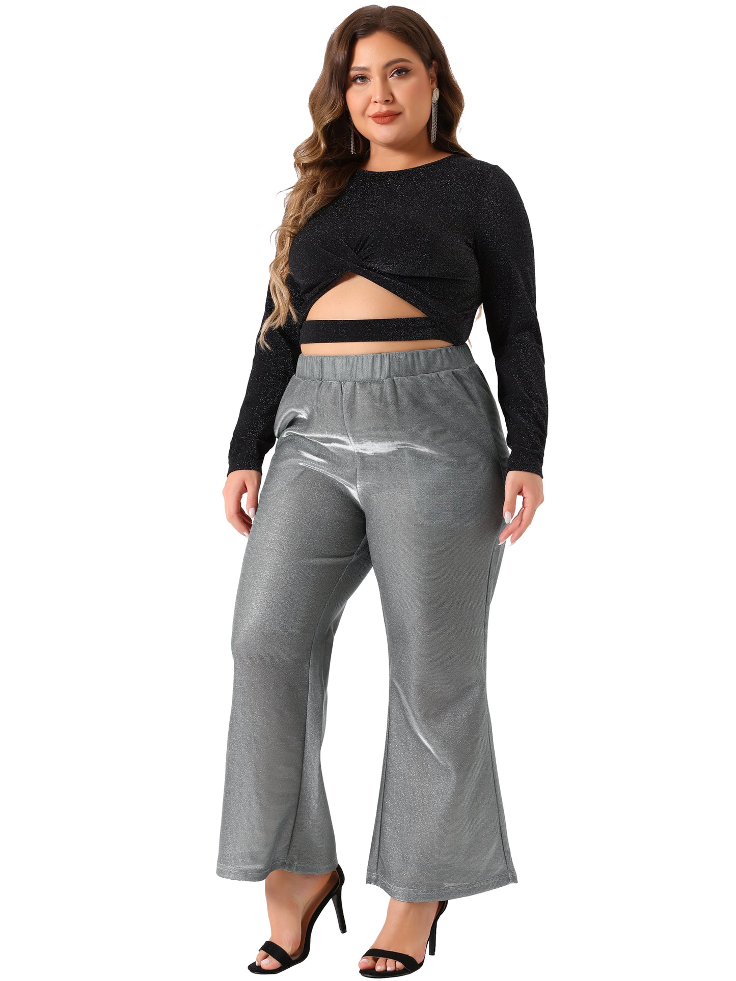Women Plus Size Metallic Sparkly Pants High Waist Wide Leg Pants Palazzo Trousers Clubwear