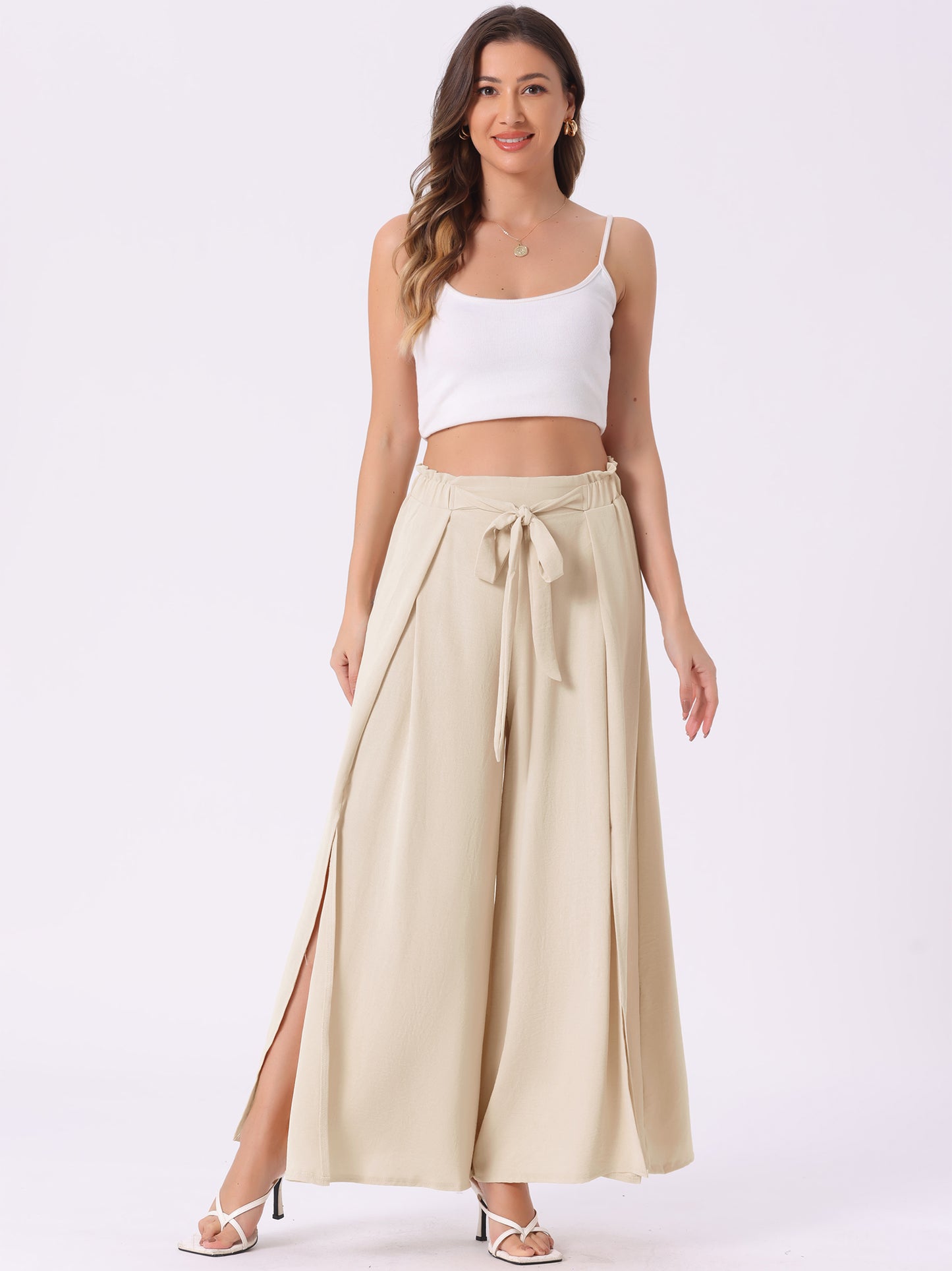 Women's High Slit Hem High Waist Casual Wide Leg Long Palazzo Pants