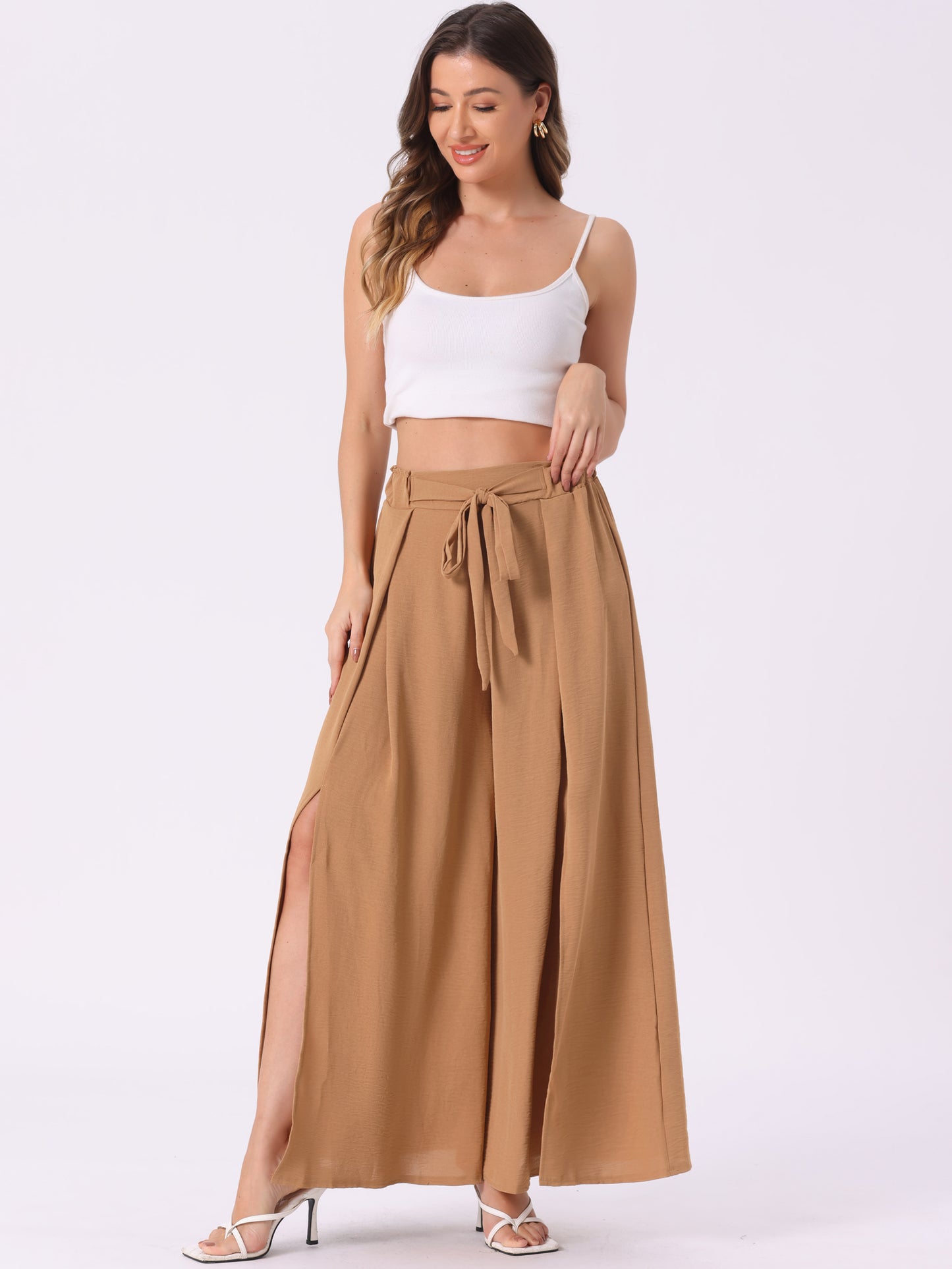 Women's High Slit Hem High Waist Casual Wide Leg Long Palazzo Pants