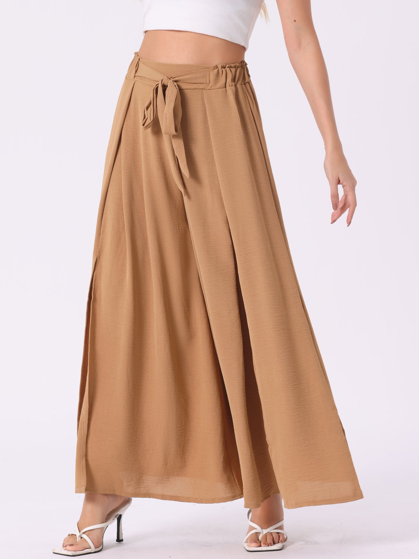 Women's High Slit Hem High Waist Casual Wide Leg Long Palazzo Pants