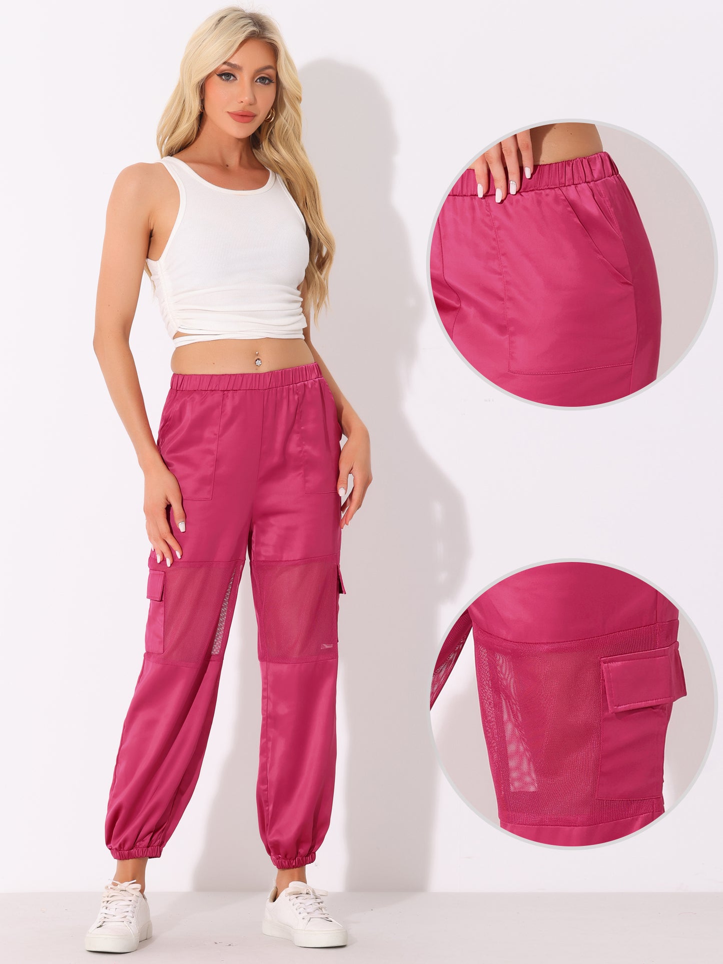Pantalones cargo deportivos de cintura alta para mujer, con panel de malla elástica, transparentes y holgados