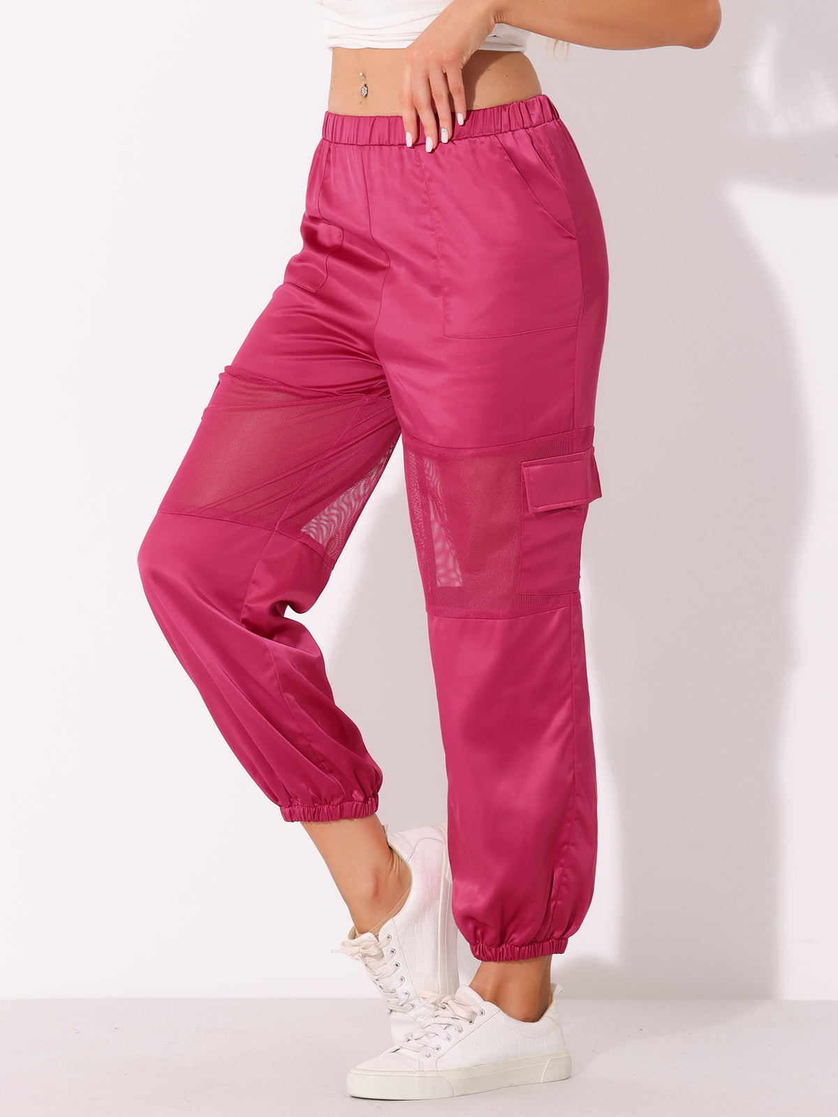 Women's High Waist Sports Elastic Mesh Panel Sheer Baggy Cargo Pants