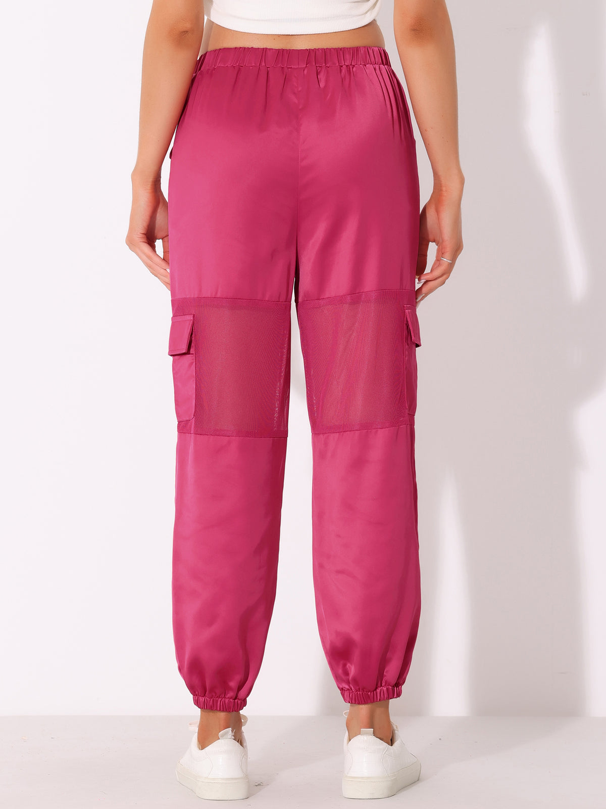 Women's High Waist Sports Elastic Mesh Panel Sheer Baggy Cargo Pants