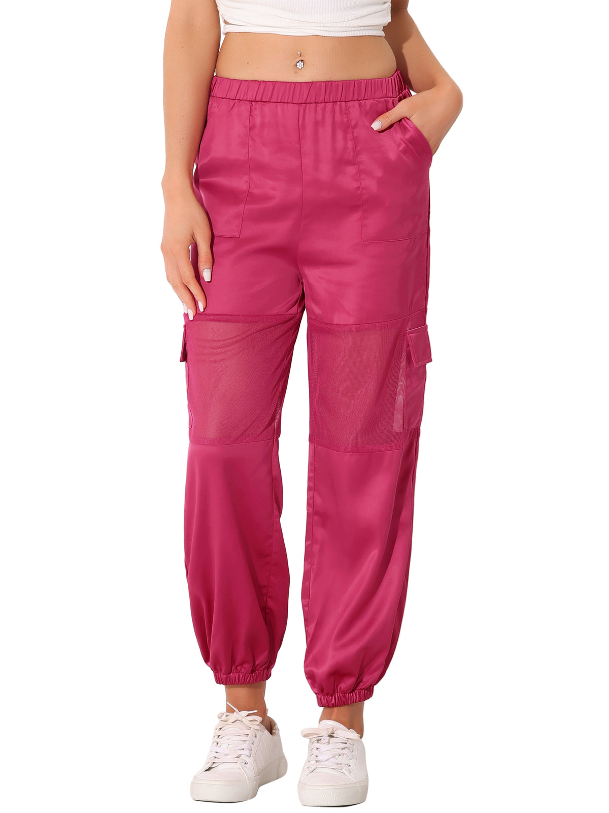 Women's High Waist Sports Elastic Mesh Panel Sheer Baggy Cargo Pants
