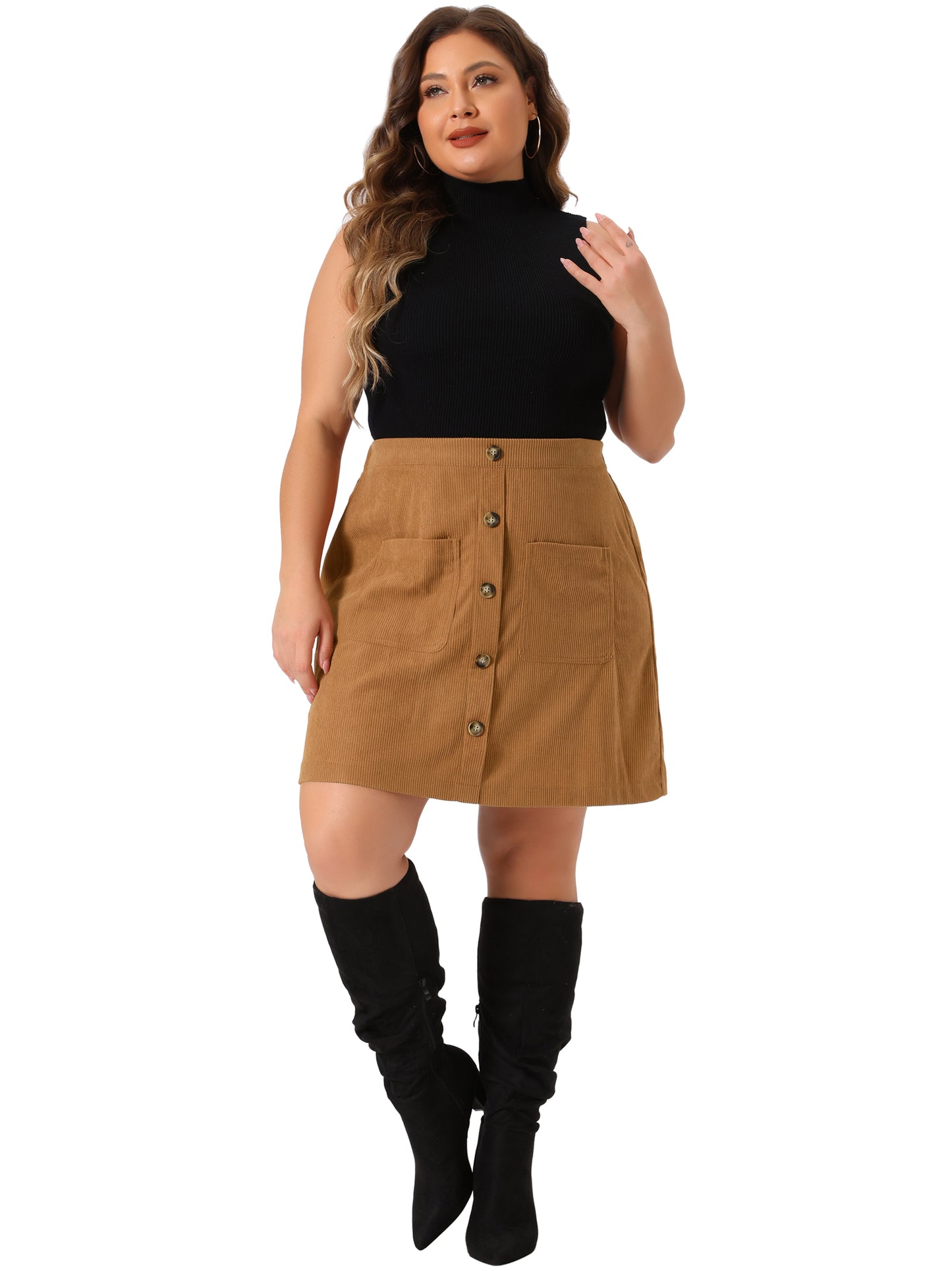 Faldas de pana de talla grande para mujer, otoño invierno, cintura elástica, abotonadas, minifalda corta con bolsillos