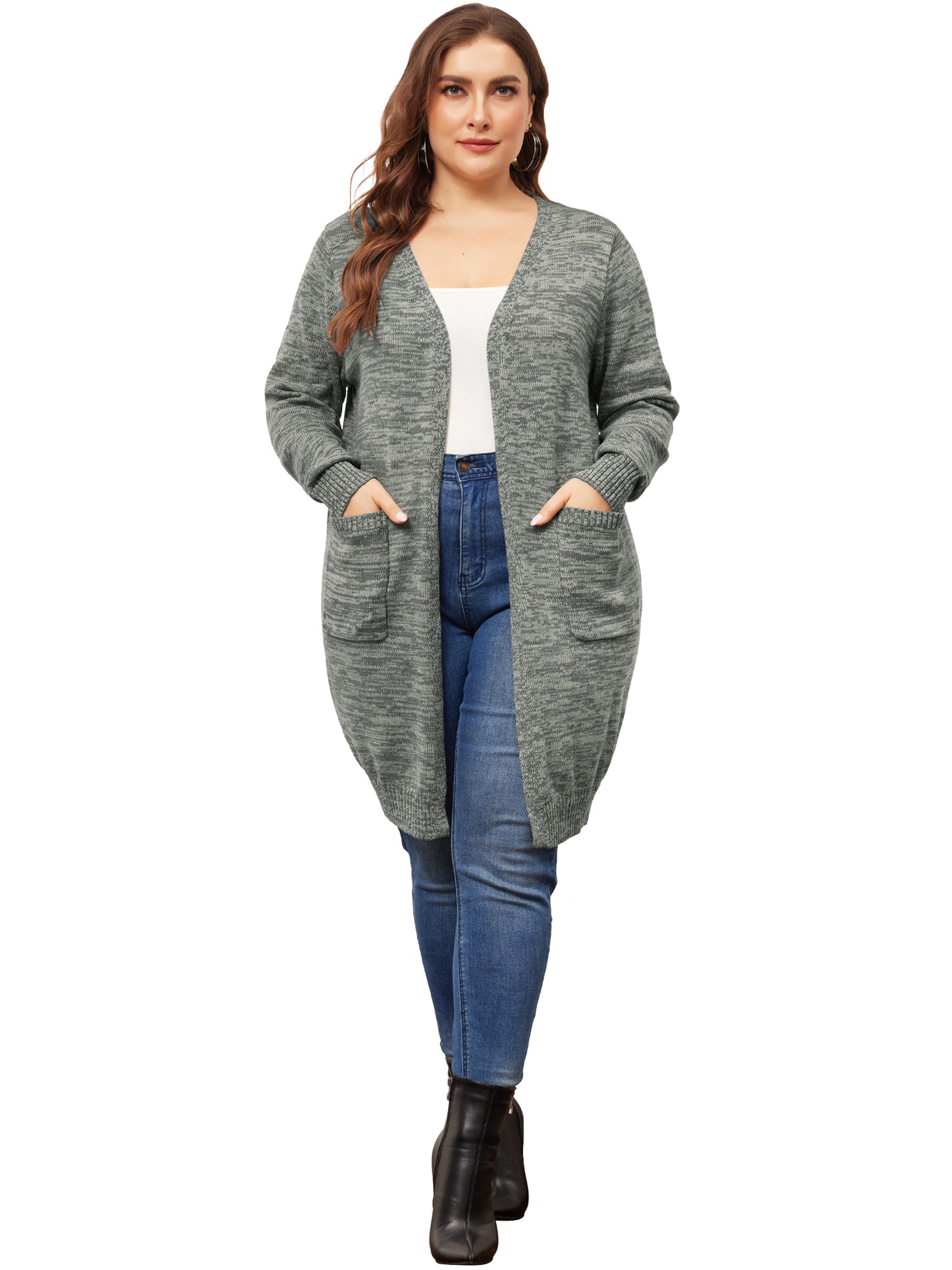 Women Plus Size Contrast Color Open Front Long Sleeve with Pockets Cardigans