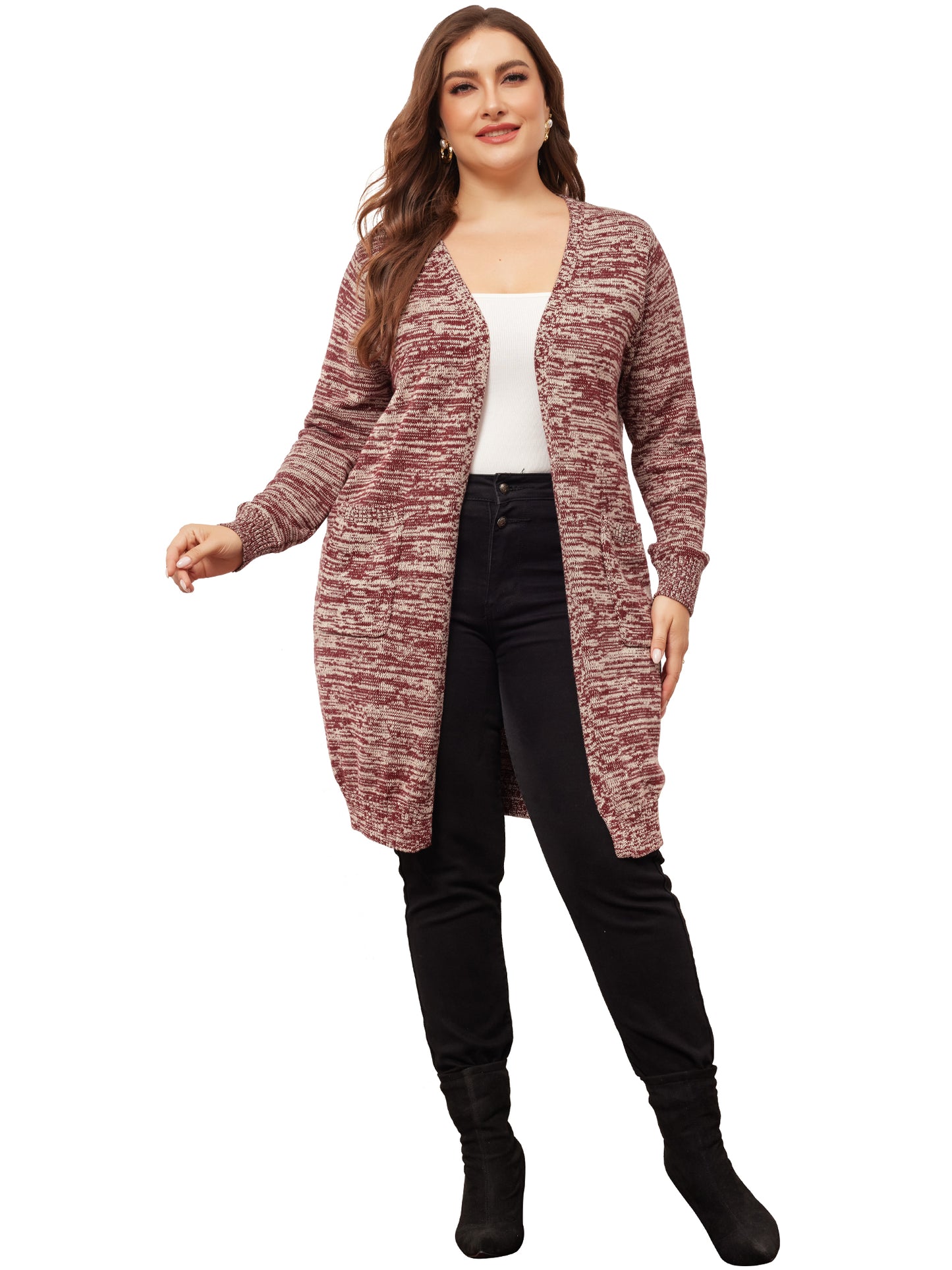 Women Plus Size Contrast Color Open Front Long Sleeve with Pockets Cardigans