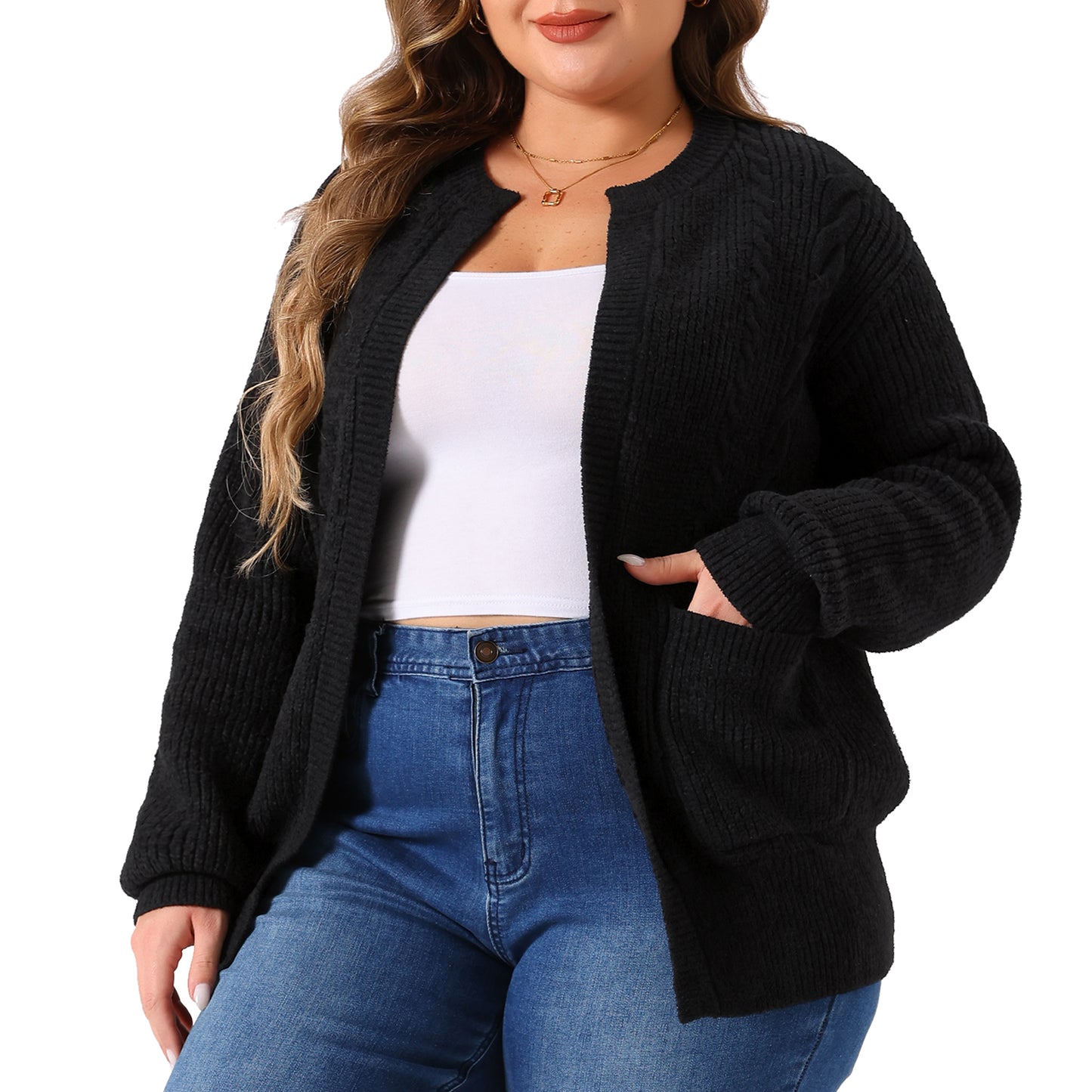 Women's Plus Size Long Sleeve Crew Neck Classic Knit Cardigan Sweaters with Pockets