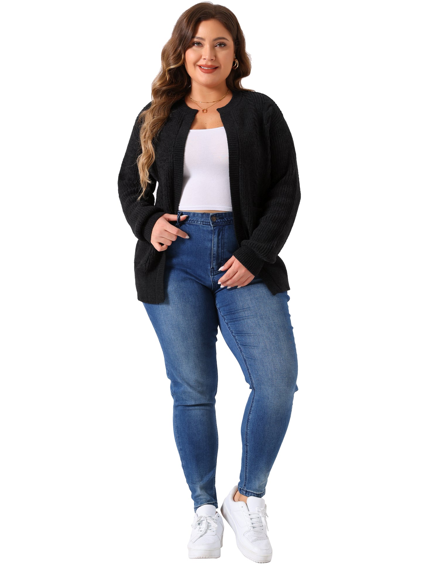 Women's Plus Size Long Sleeve Crew Neck Classic Knit Cardigan Sweaters with Pockets