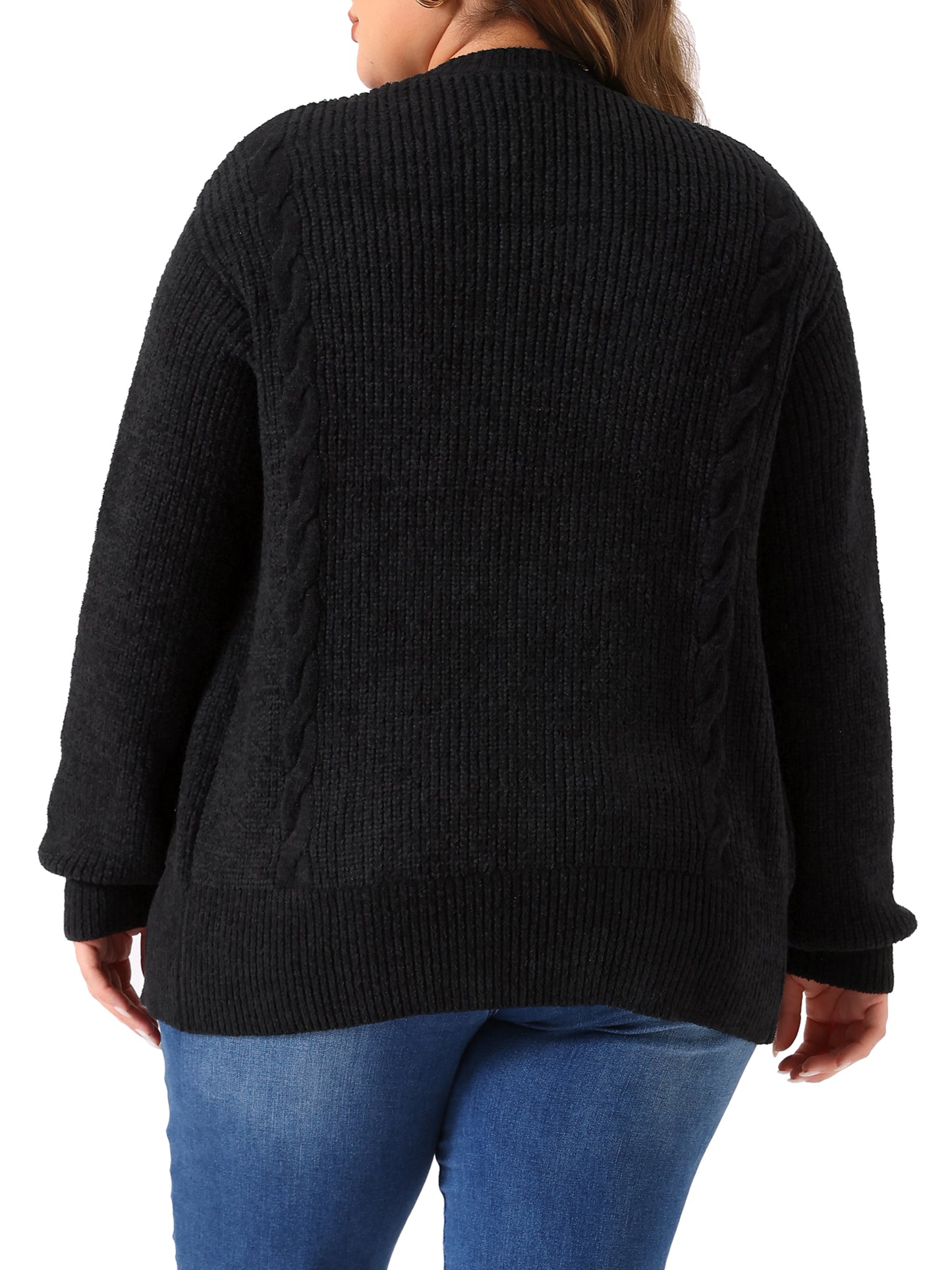 Women's Plus Size Long Sleeve Crew Neck Classic Knit Cardigan Sweaters with Pockets