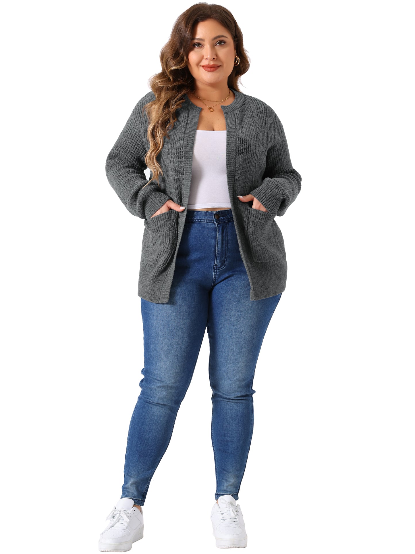 Women's Plus Size Long Sleeve Crew Neck Classic Knit Cardigan Sweaters with Pockets
