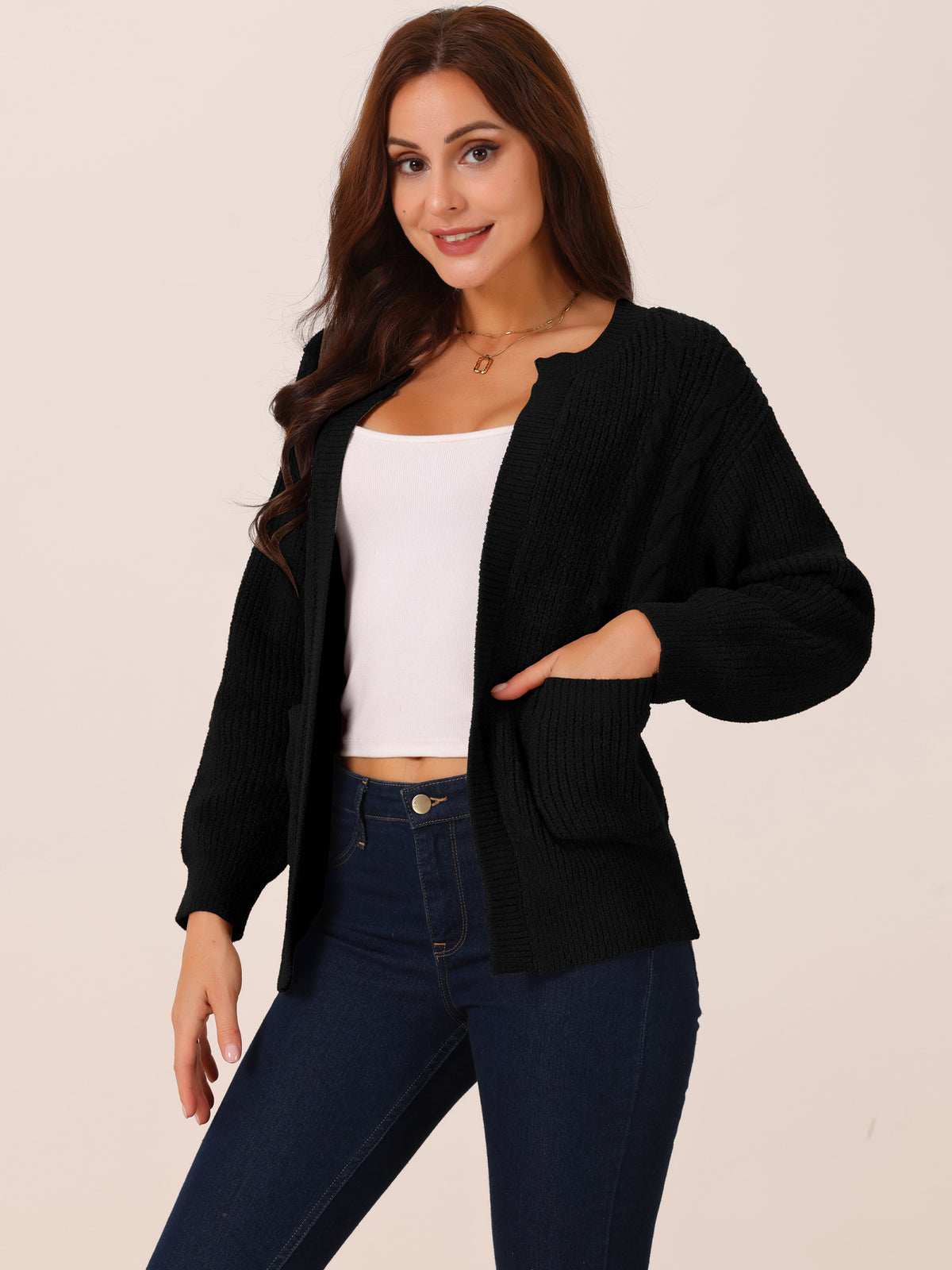 Women's Sweater Cardigan Open Front Long Sleeve Knitted Casual Cardigan with Pockets
