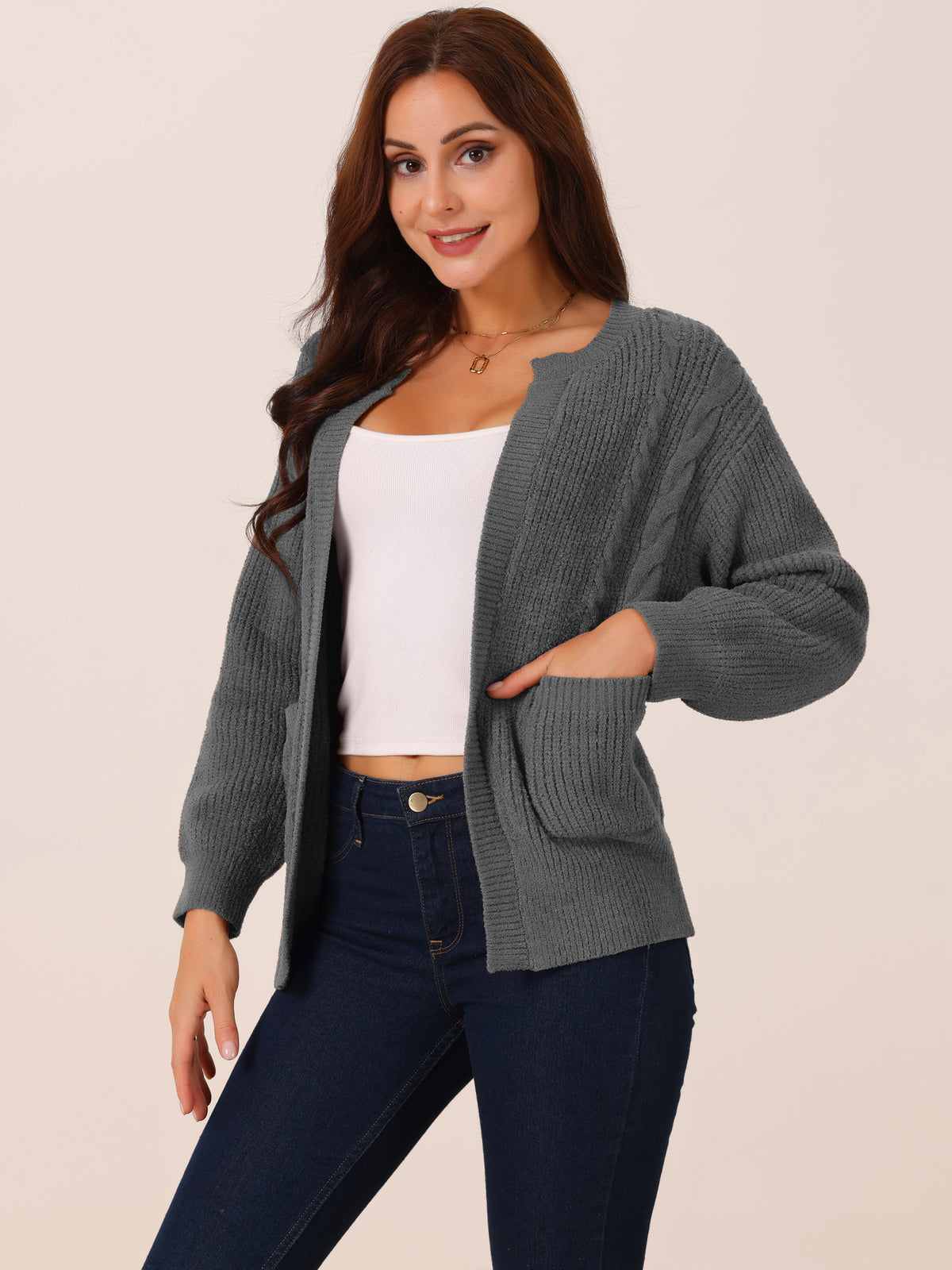 Women's Sweater Cardigan Open Front Long Sleeve Knitted Casual Cardigan with Pockets