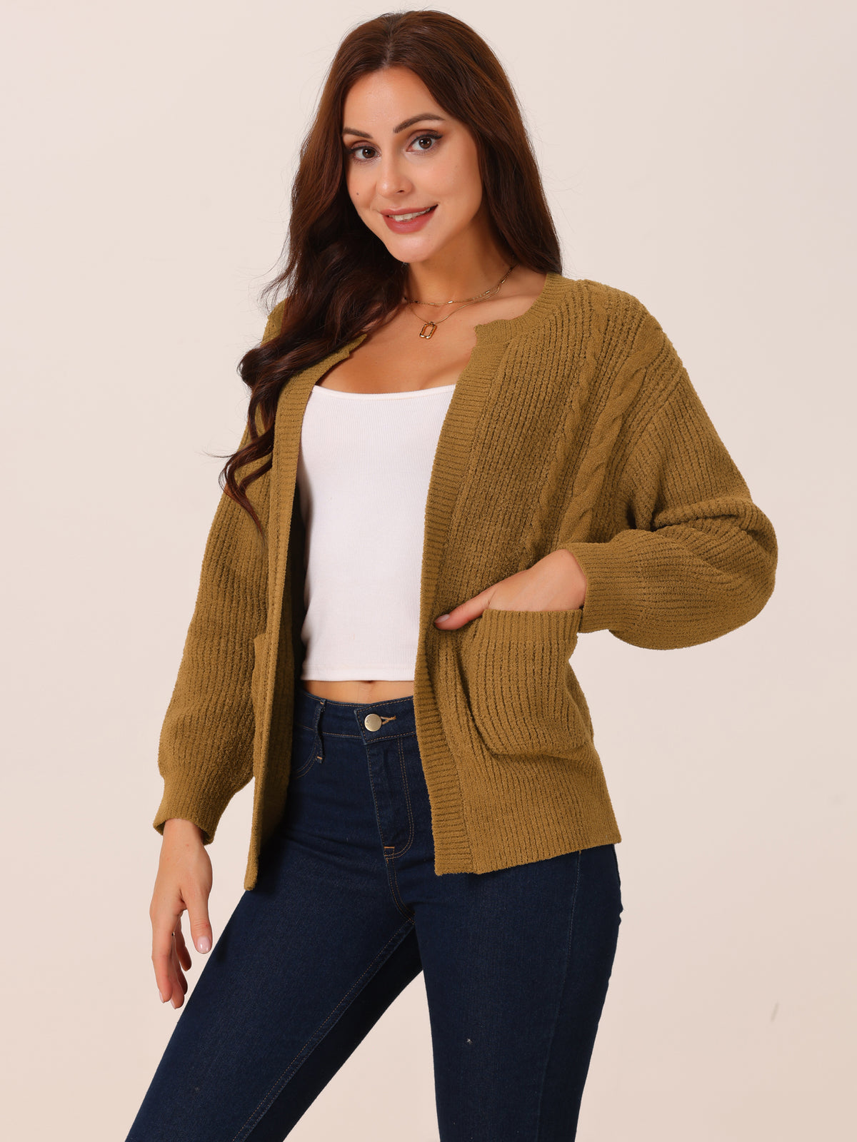 Women's Sweater Cardigan Open Front Long Sleeve Knitted Casual Cardigan with Pockets