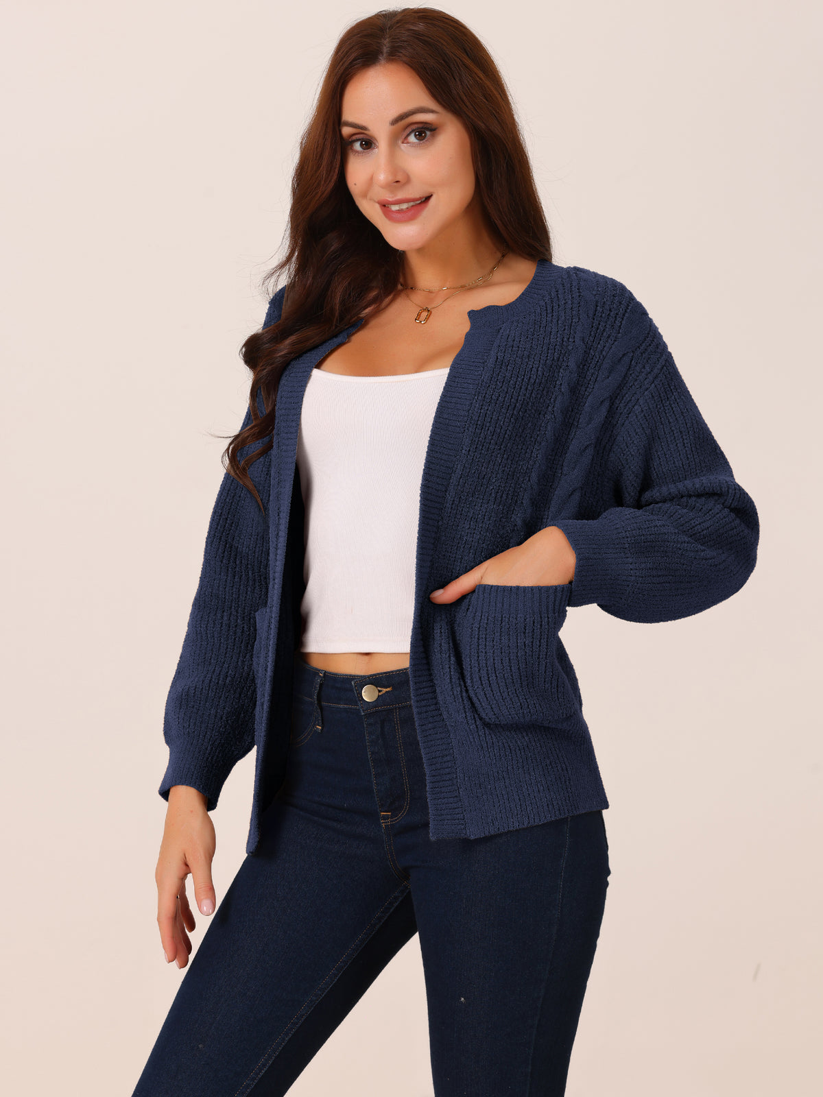 Women's Sweater Cardigan Open Front Long Sleeve Knitted Casual Cardigan with Pockets