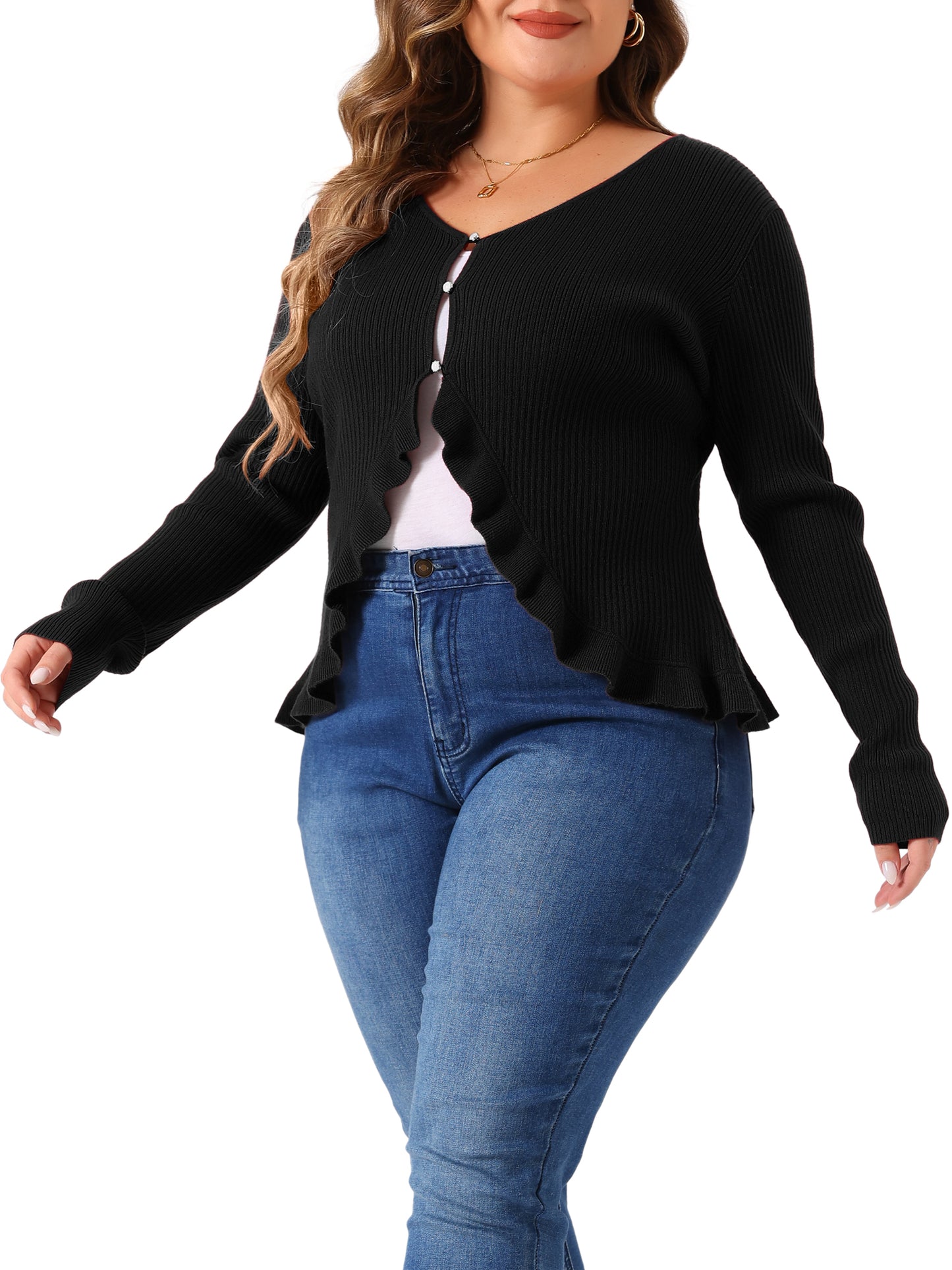 Women Plus Size Cardigans Long Sleeve Knit Sweater Open Front Ruffled Button Cardigan Outerwear