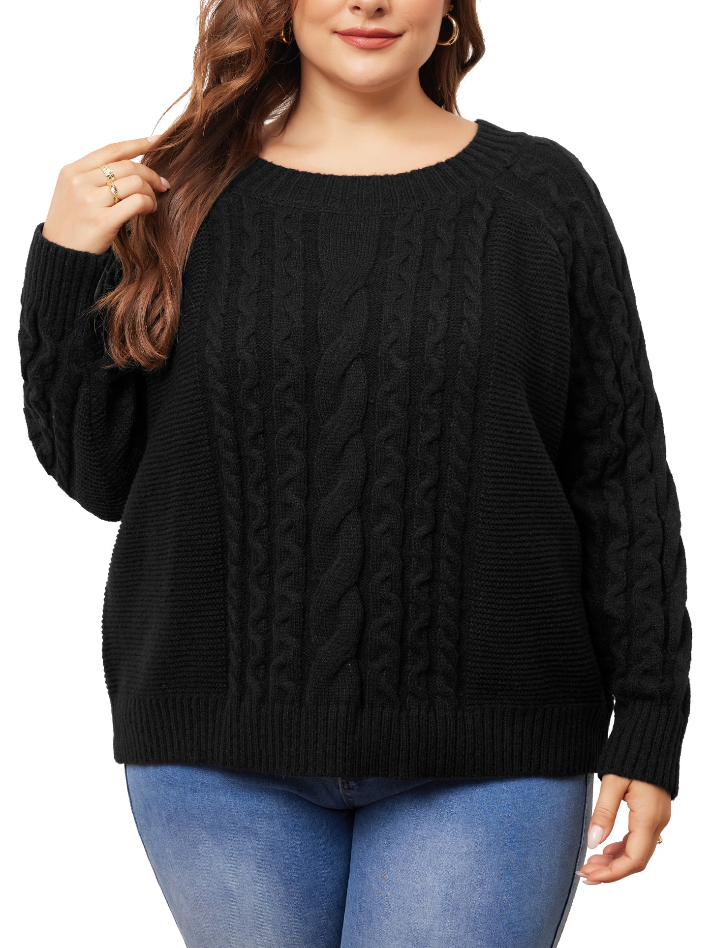 Women's Plus Size Sweater Long Sleeve Crewneck Fisherman Cable Pullover Sweaters