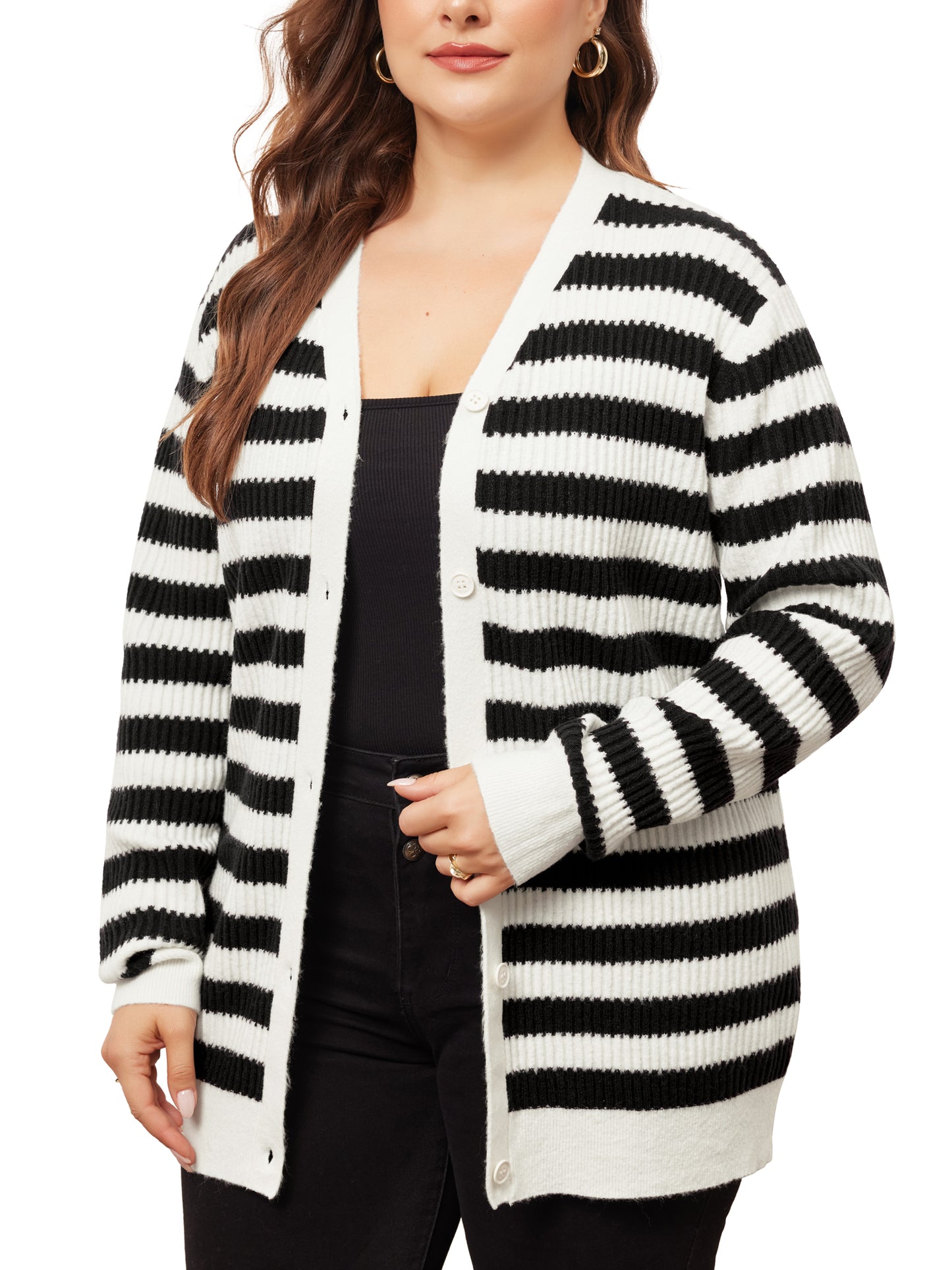 Women Plus Size Cardigan Sweater V Neck Button Down Open Front Long Sleeve Striped Knit Cardigans