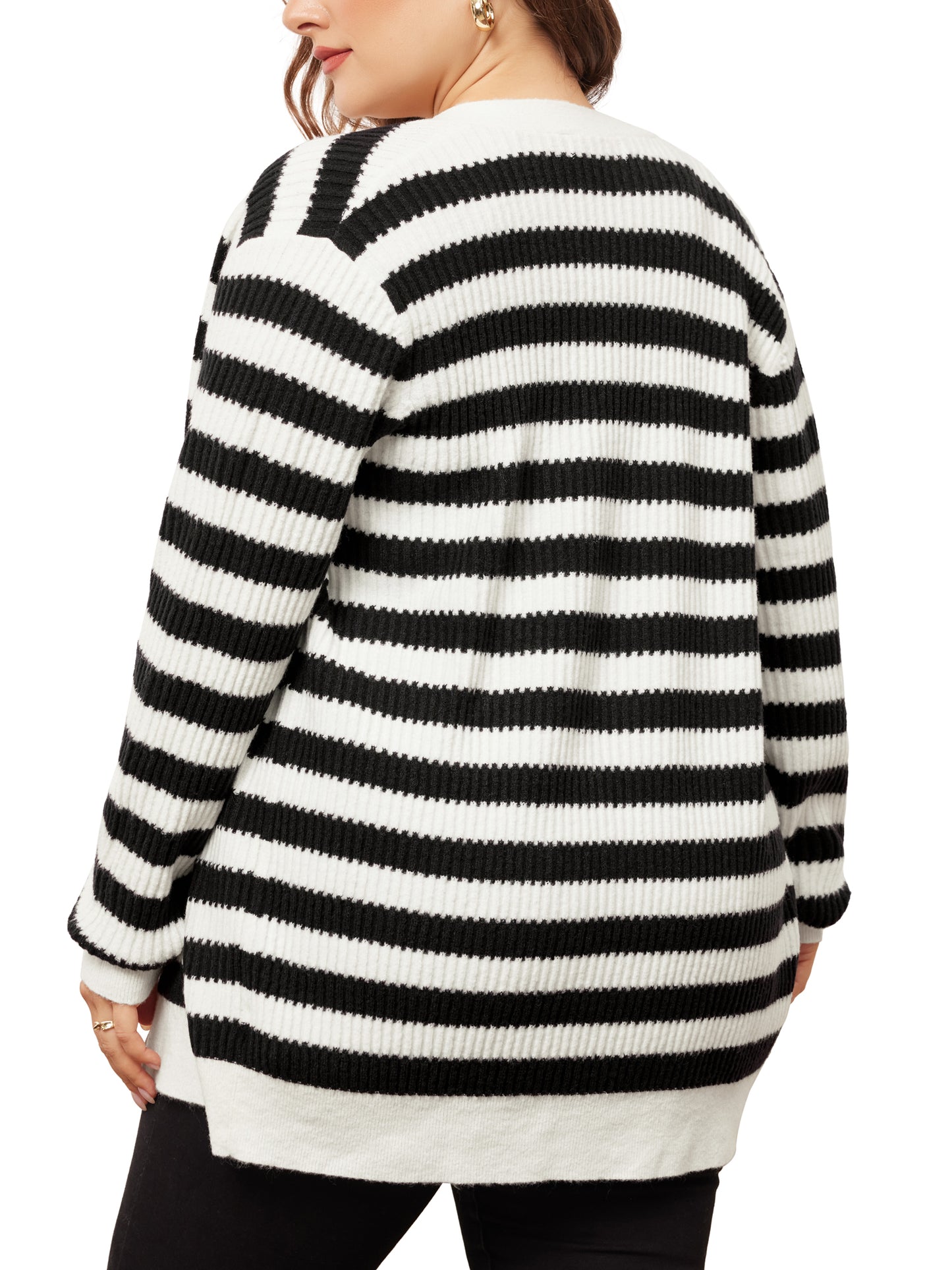 Women Plus Size Cardigan Sweater V Neck Button Down Open Front Long Sleeve Striped Knit Cardigans