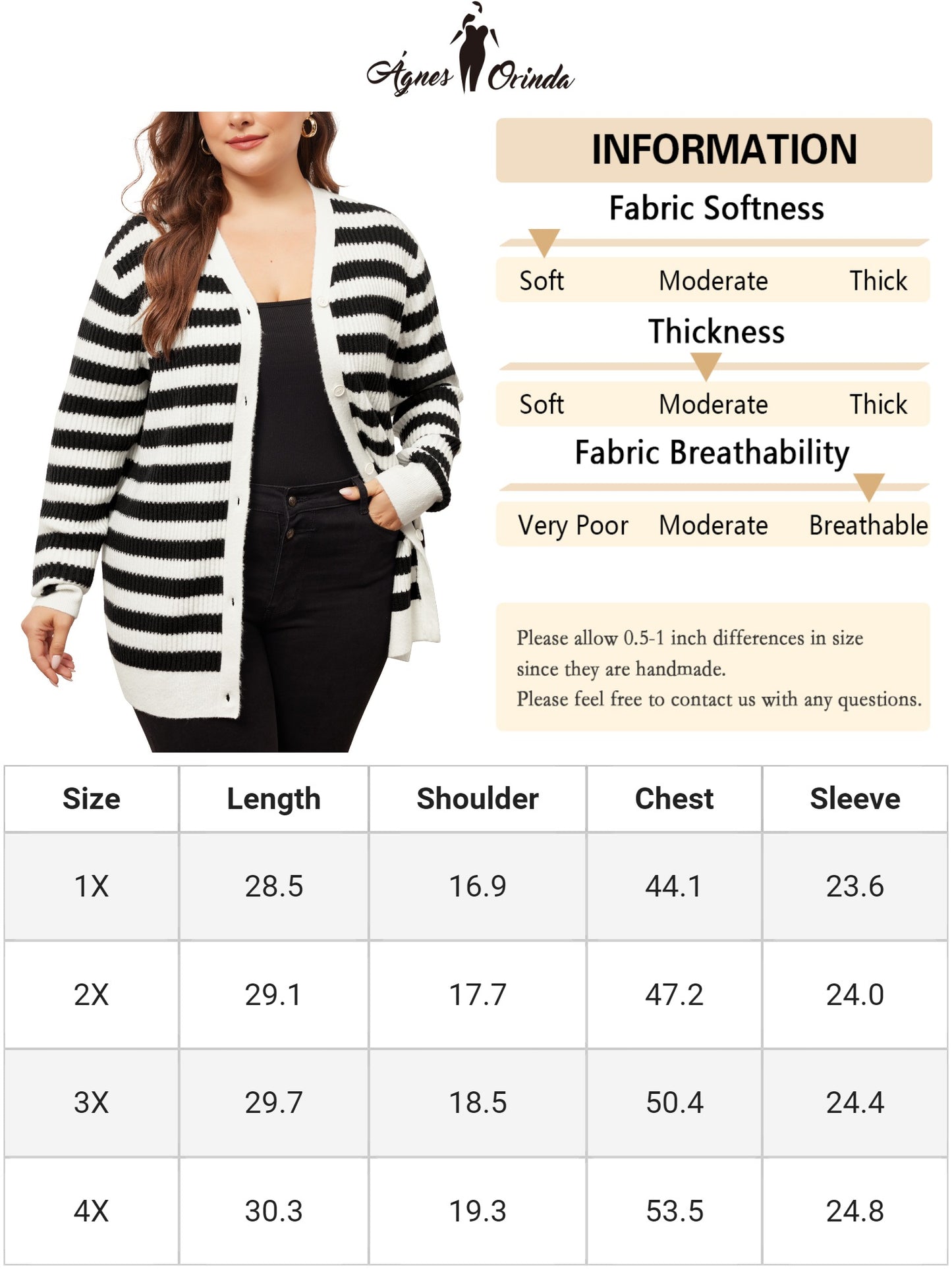 Women Plus Size Cardigan Sweater V Neck Button Down Open Front Long Sleeve Striped Knit Cardigans