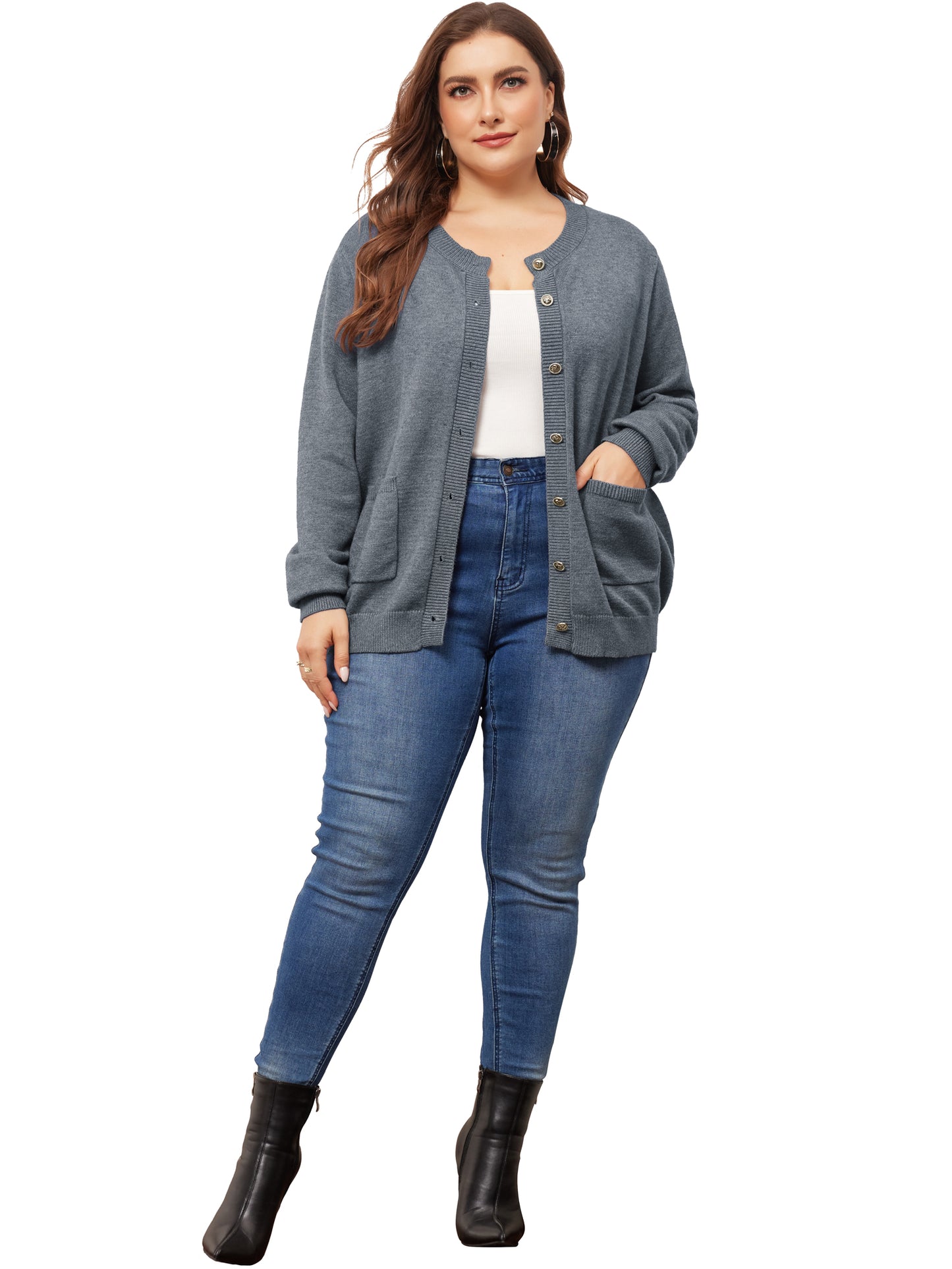 Women Plus Size Cardigan Sweaters Long Sleeve Button Down Crew Neck Classic Sweater Knit Cardigans