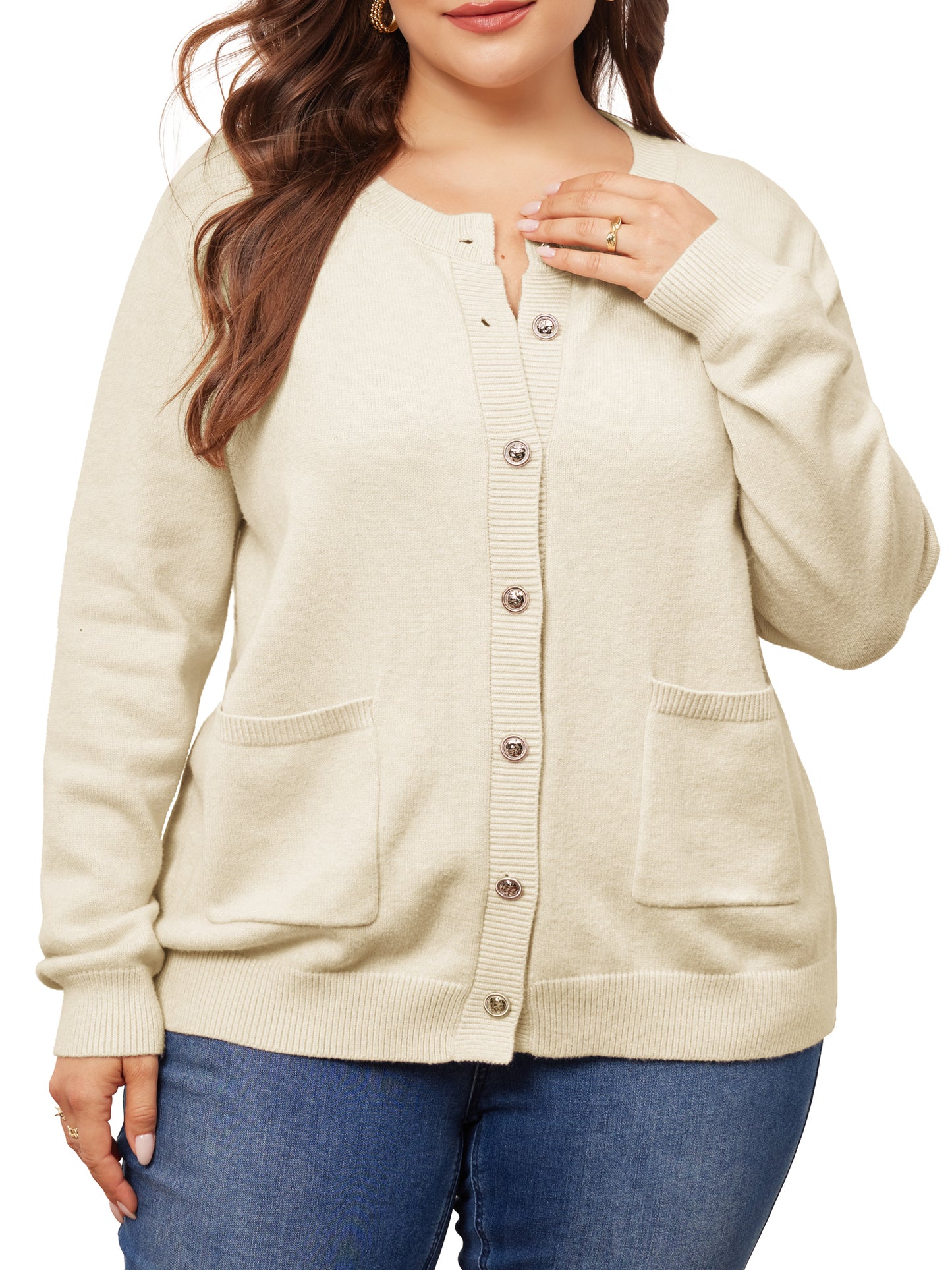 Women Plus Size Cardigan Sweaters Long Sleeve Button Down Crew Neck Classic Sweater Knit Cardigans