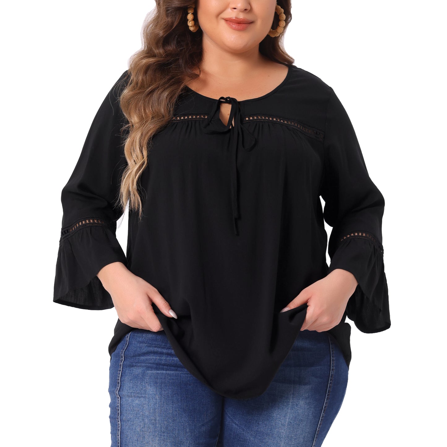 Women Plus Size Blouse 3/4 Flare Sleeves Peasant Keyhole Tie Casual Top