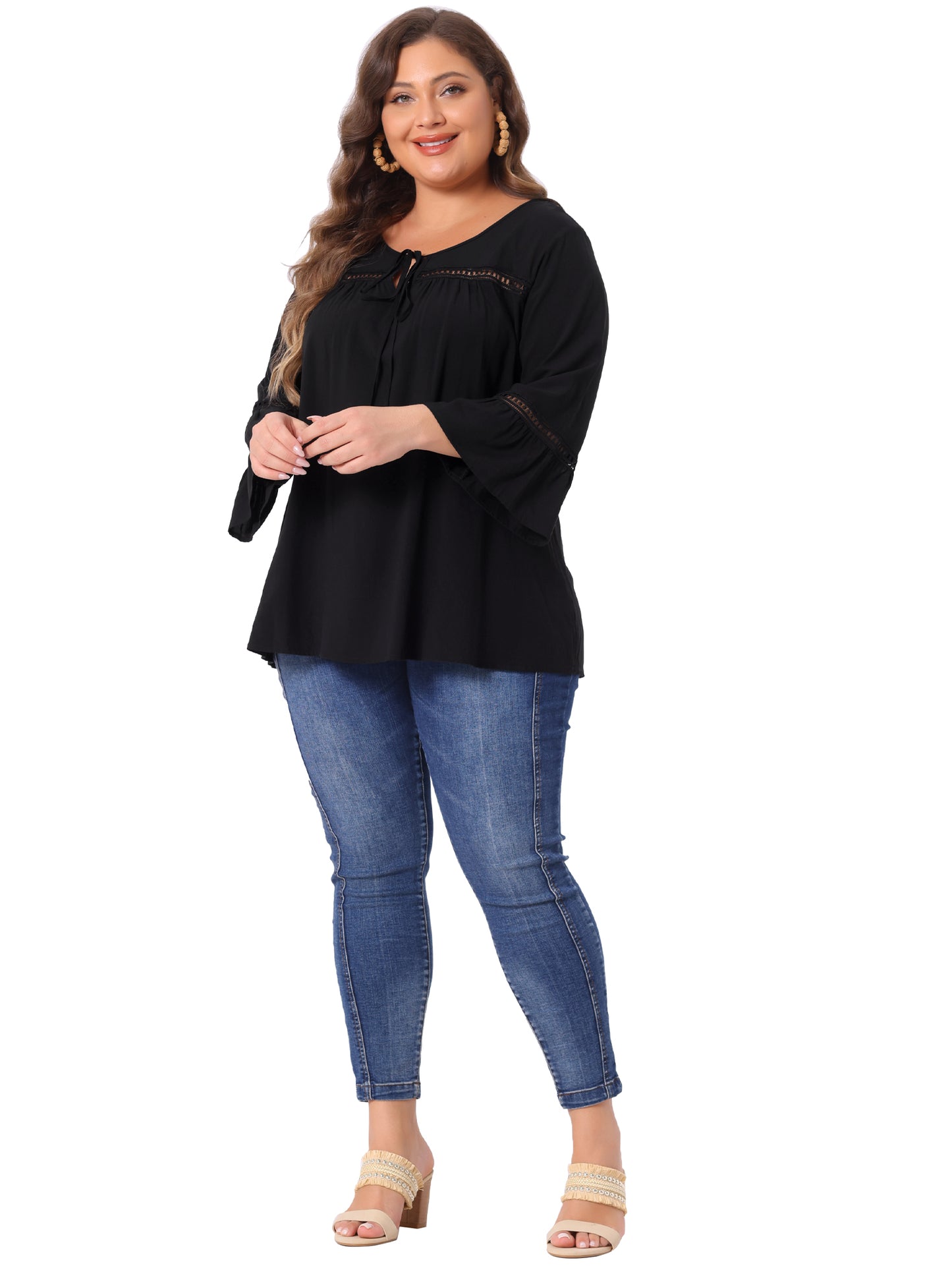 Women Plus Size Blouse 3/4 Flare Sleeves Peasant Keyhole Tie Casual Top
